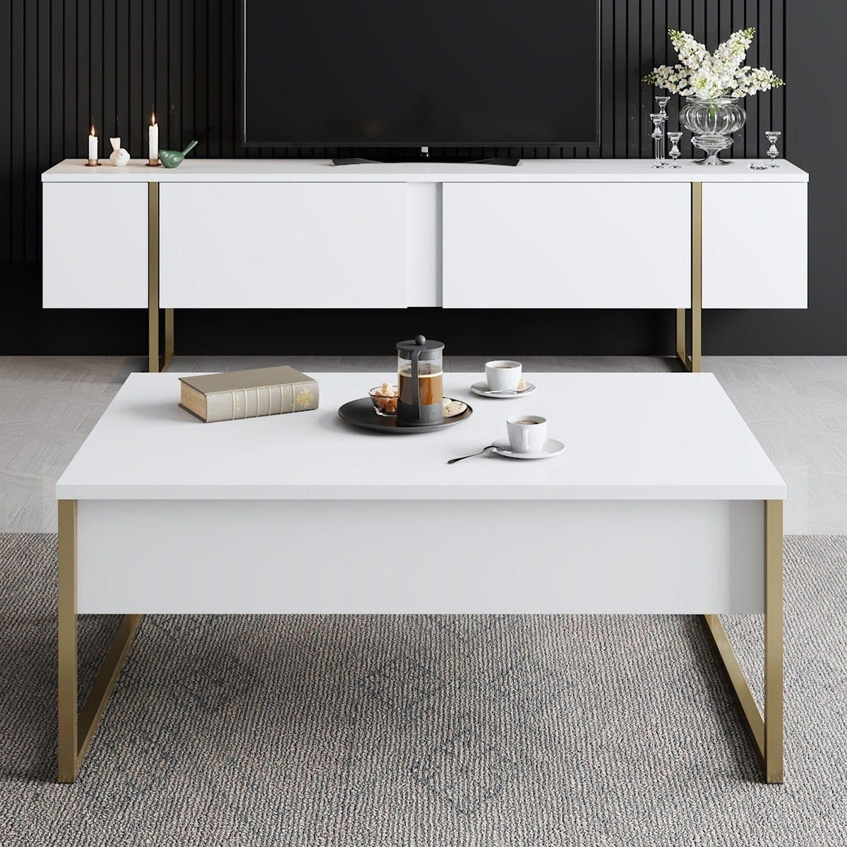 Mobilier living LUXE, alb/auriu, PAL melaminat/metal, 2 piese