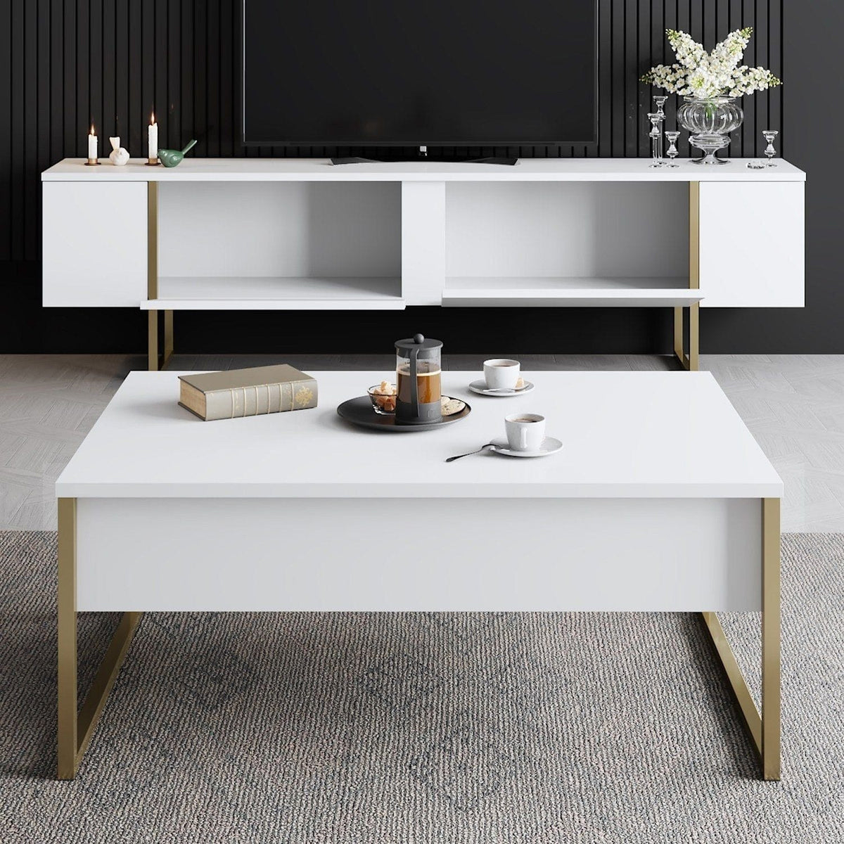 Mobilier living LUXE, alb/auriu, PAL melaminat/metal, 2 piese