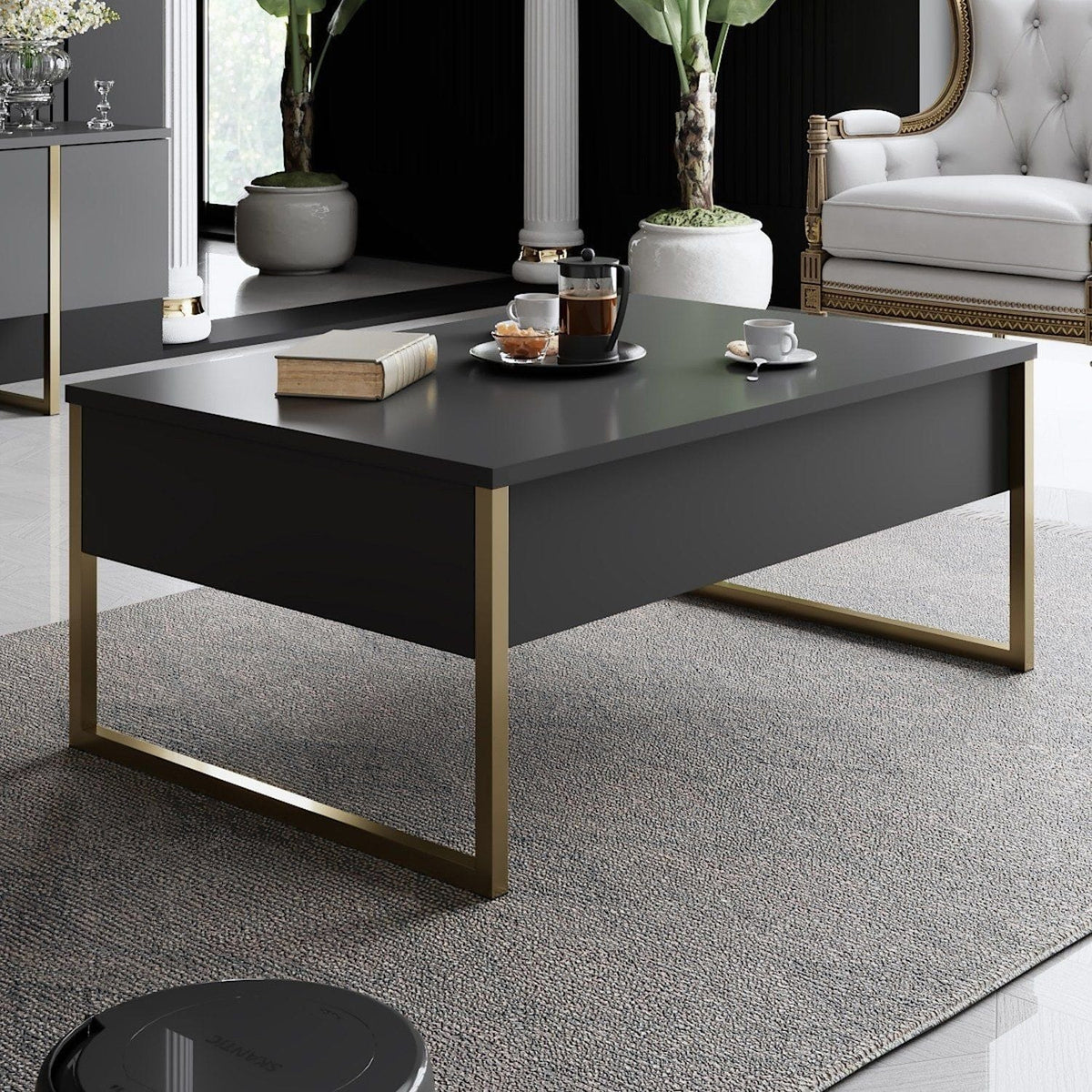 Mobilier living LUXE, gri antracit/auriu, PAL melaminat/metal, 2 piese