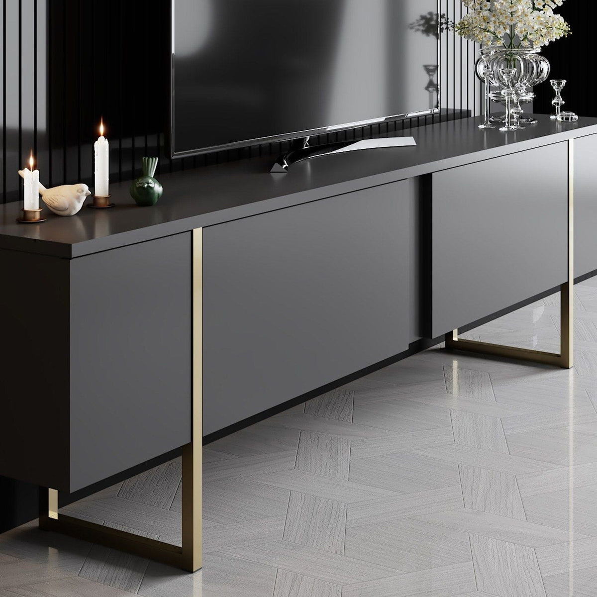 Mobilier living LUXE, gri antracit/auriu, PAL melaminat/metal, 2 piese