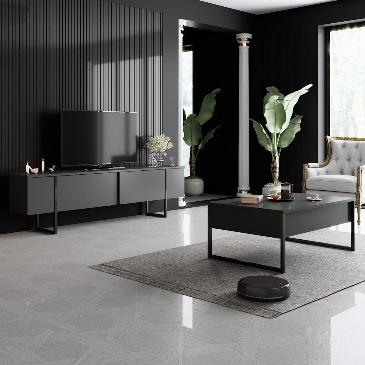Mobilier living LUXE, gri antracit/negru, PAL melaminat/metal, 2 piese