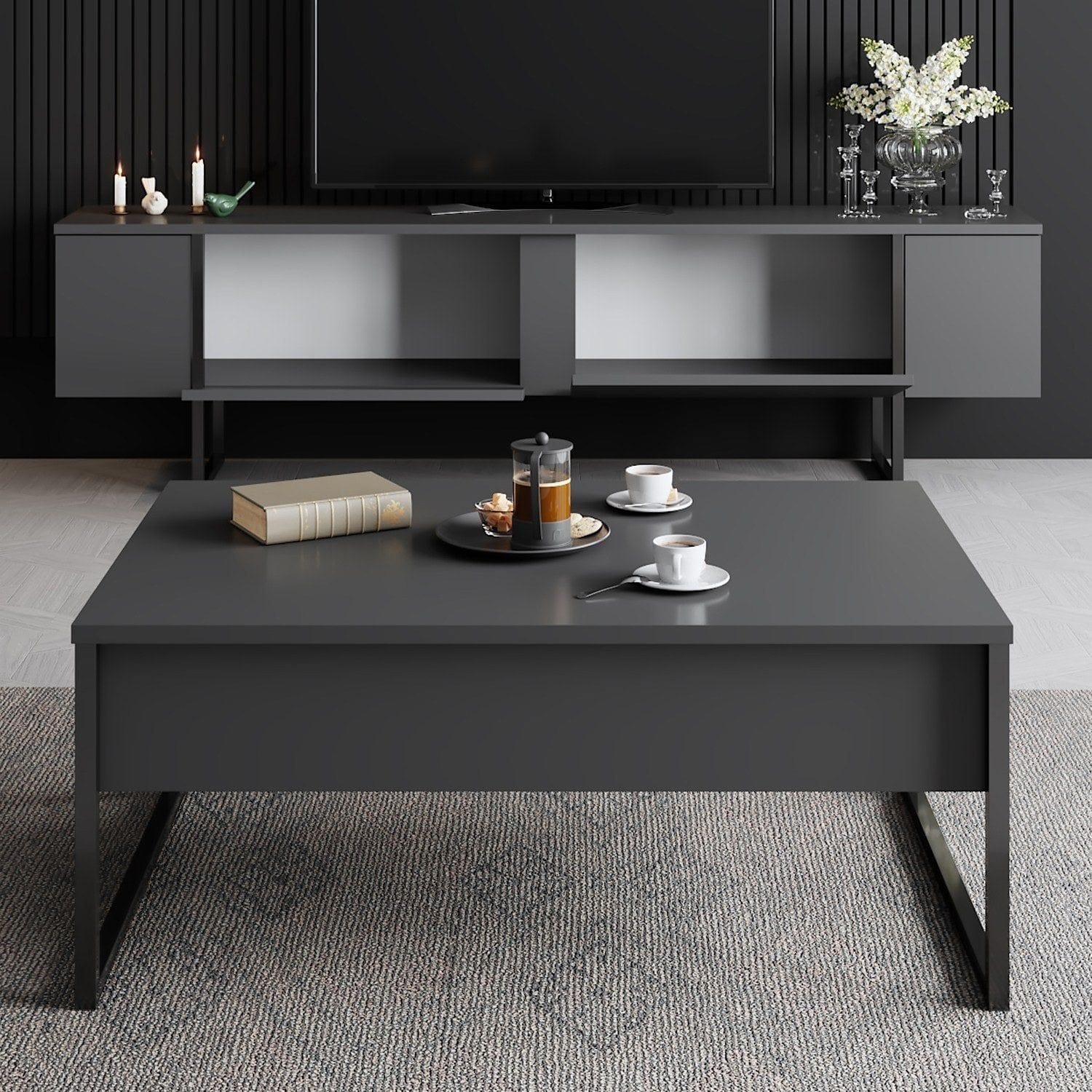 Mobilier living LUXE, gri antracit/negru, PAL melaminat/metal, 2 piese