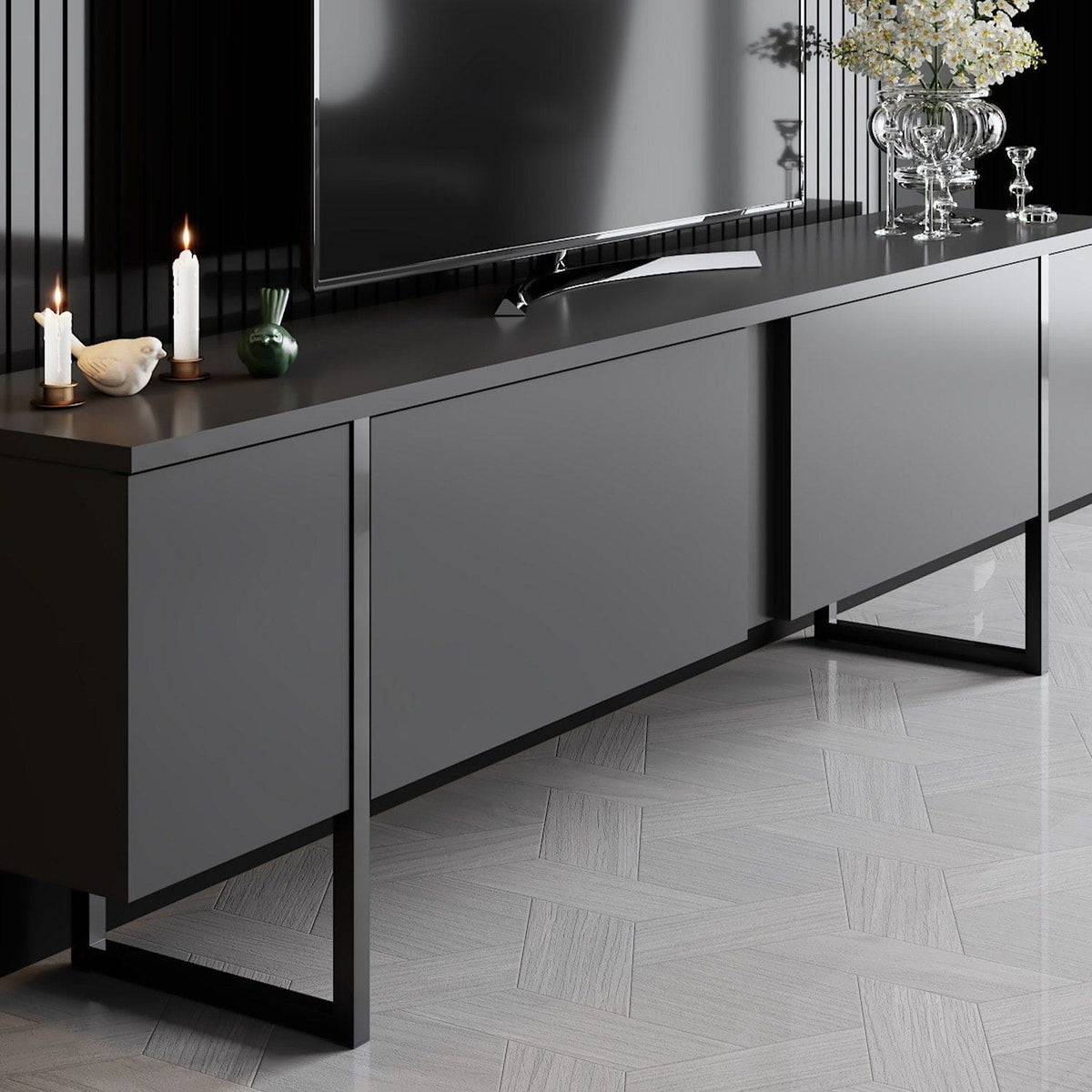 Mobilier living LUXE, gri antracit/negru, PAL melaminat/metal, 2 piese