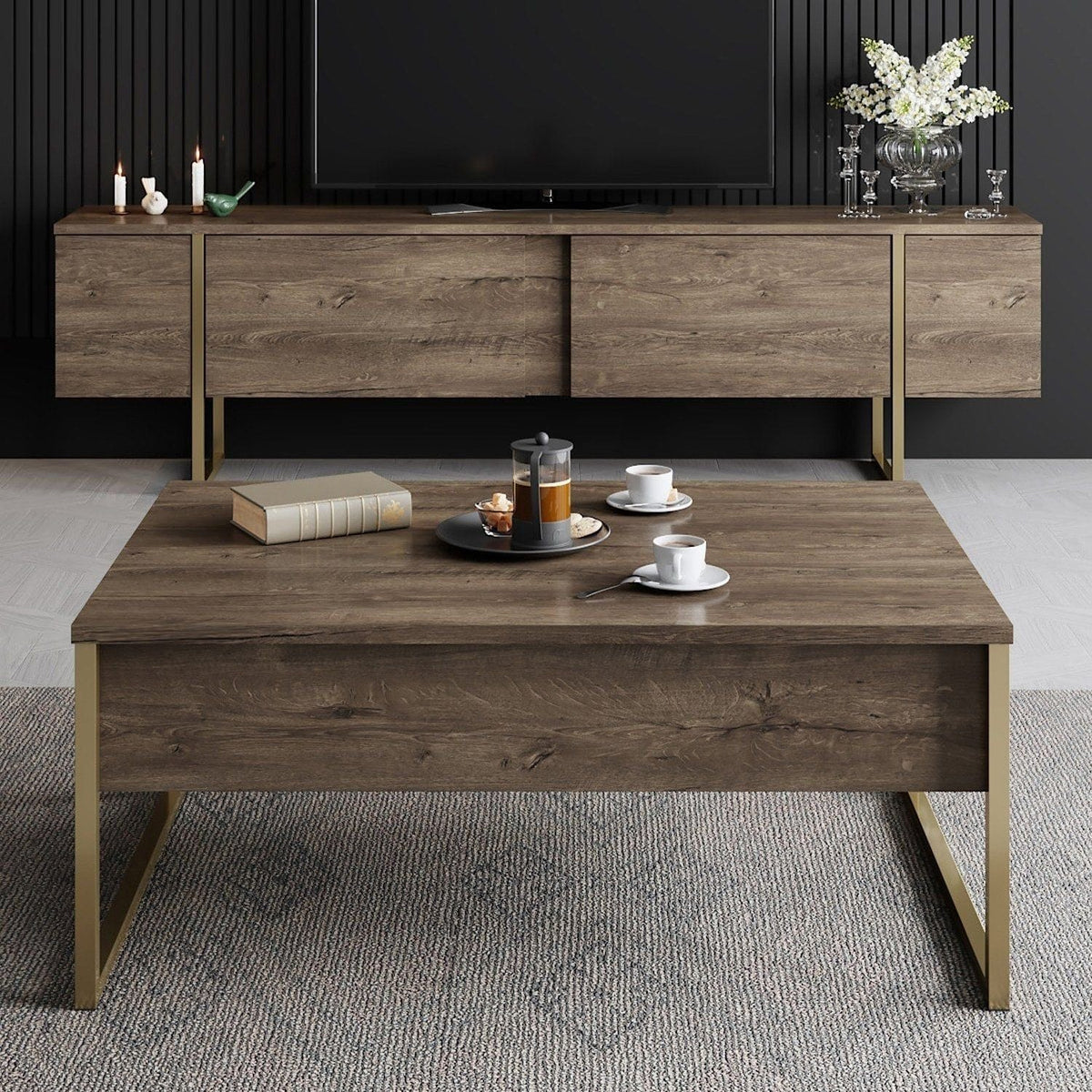 Mobilier living LUXE, nuc/auriu, PAL melaminat/metal, 2 piese