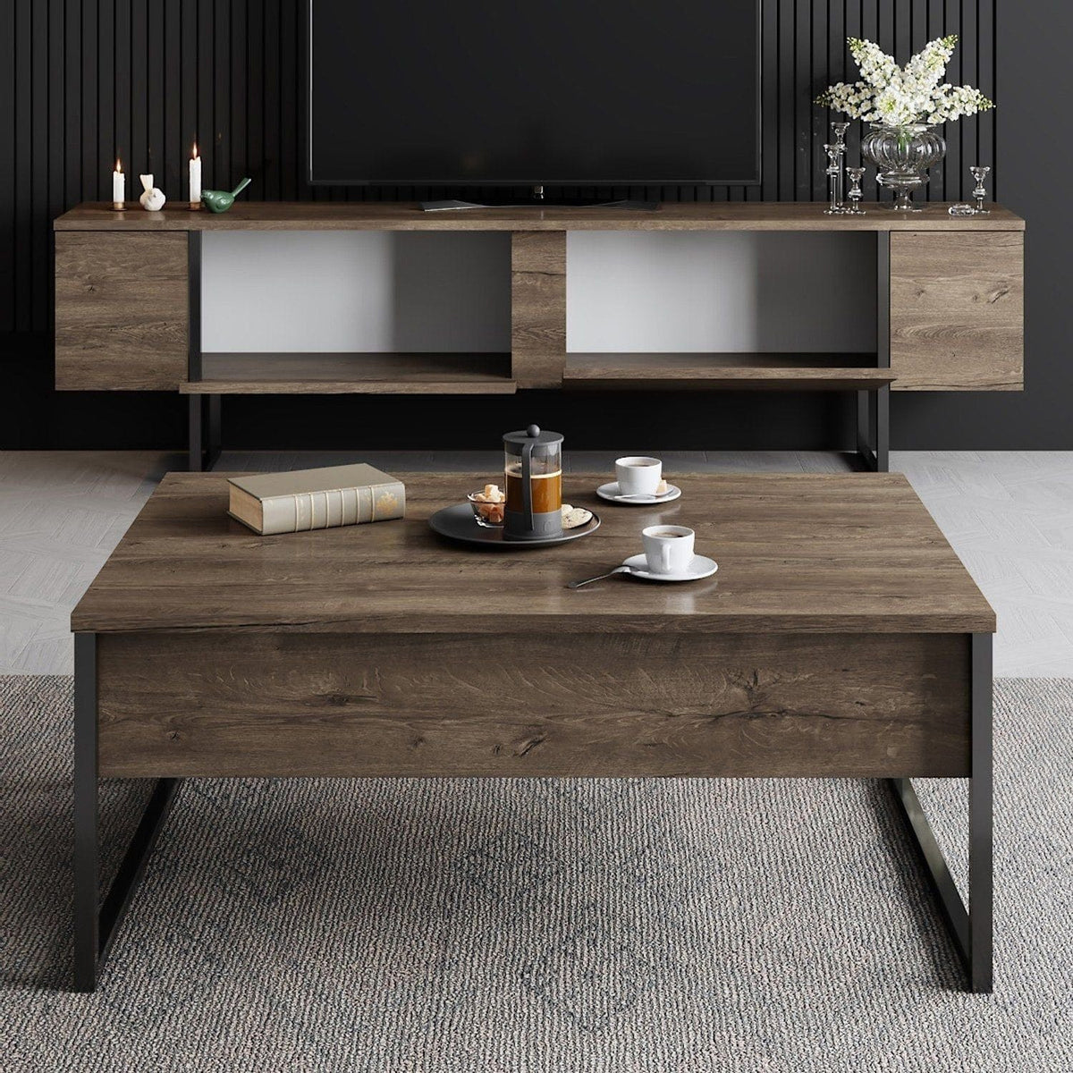 Mobilier living LUXE, nuc/negru, PAL melaminat/metal, 2 piese