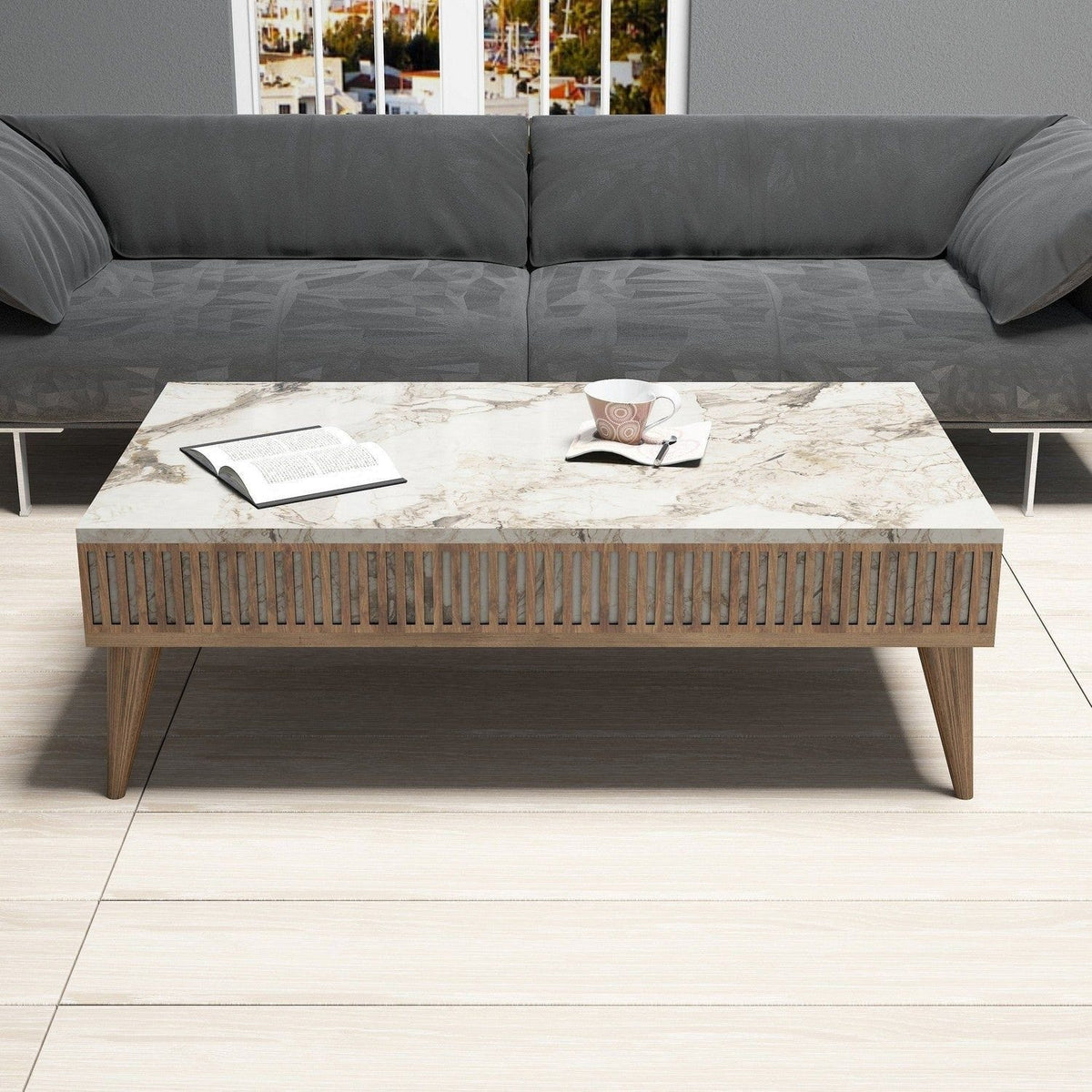 Mobilier living MILAN, alb cu efect de marmura/nuc, PAL melaminat, 3 piese