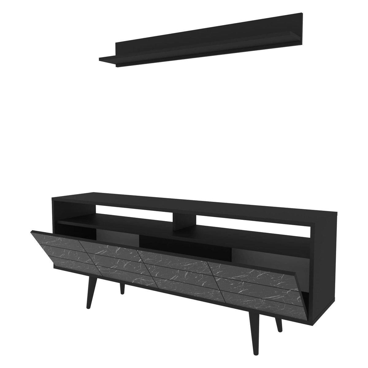 Mobilier living OLA, negru cu efect de marmura, PAL melaminat, 2 piese