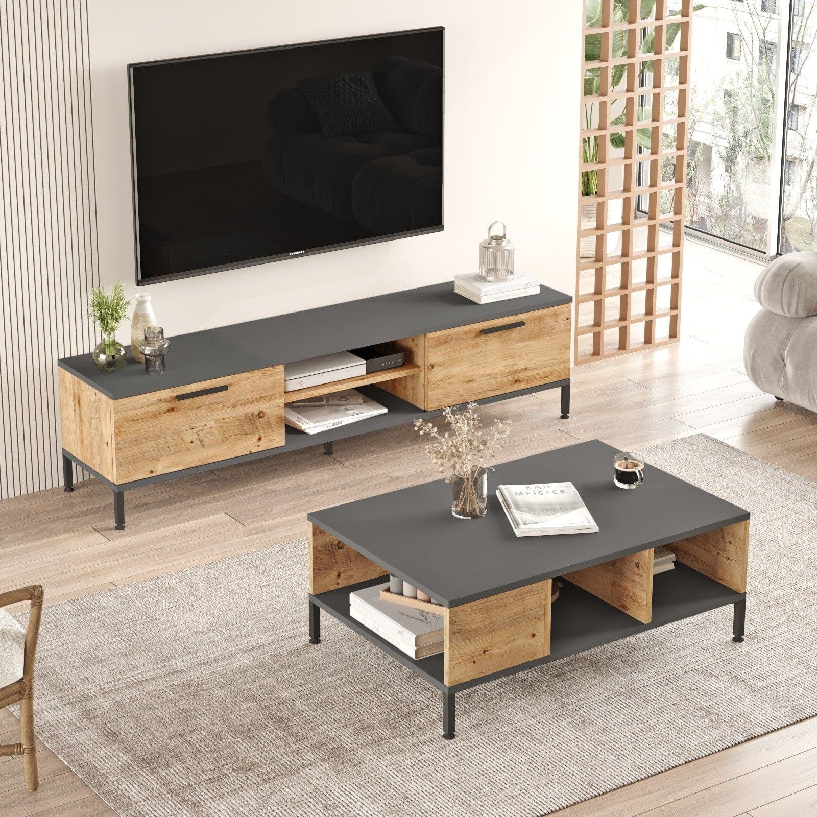 Mobilier living RL5-AA, stejar/gri antracit, PAL melaminat/metal, 2 piese