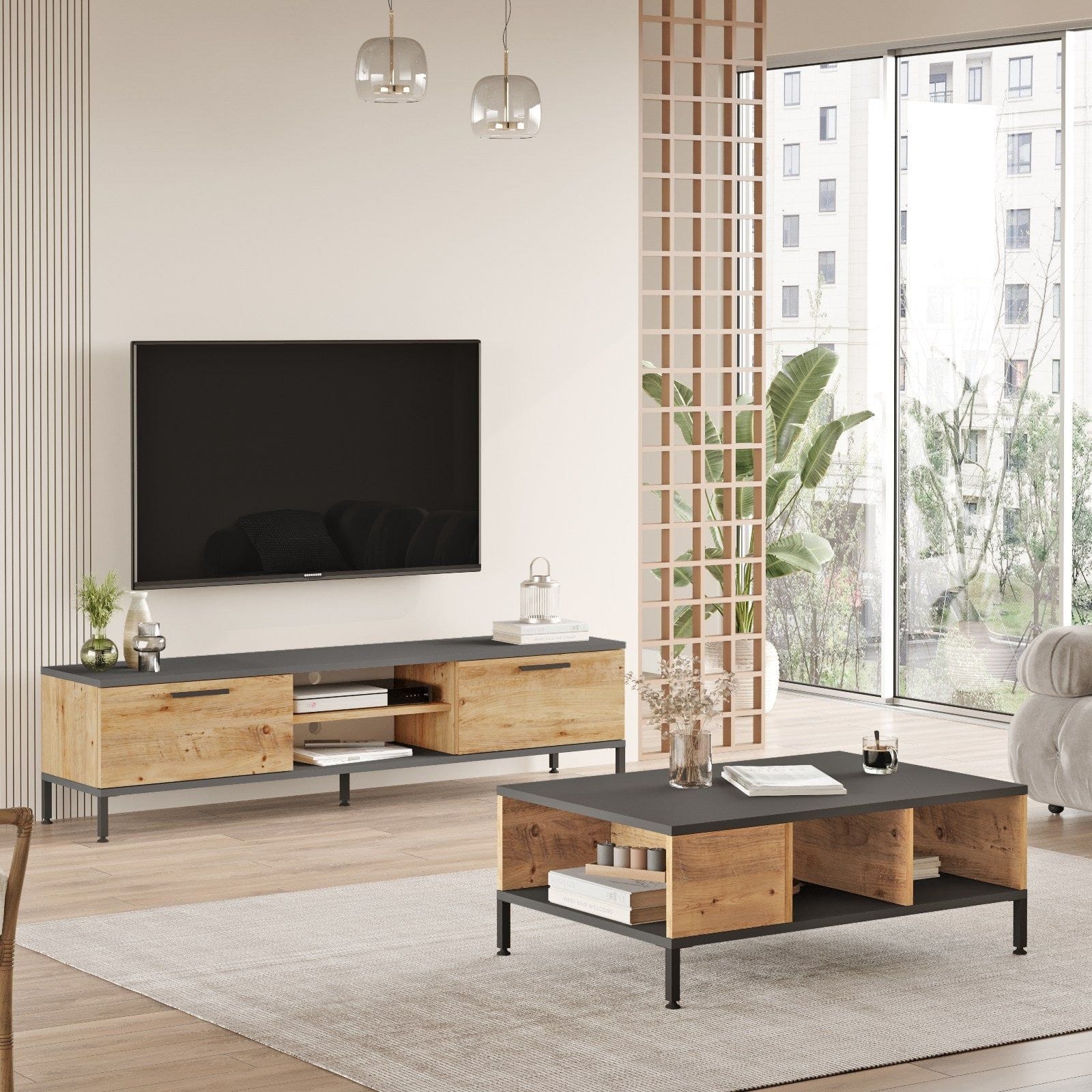 Mobilier living RL5-AA, stejar/gri antracit, PAL melaminat/metal, 2 piese