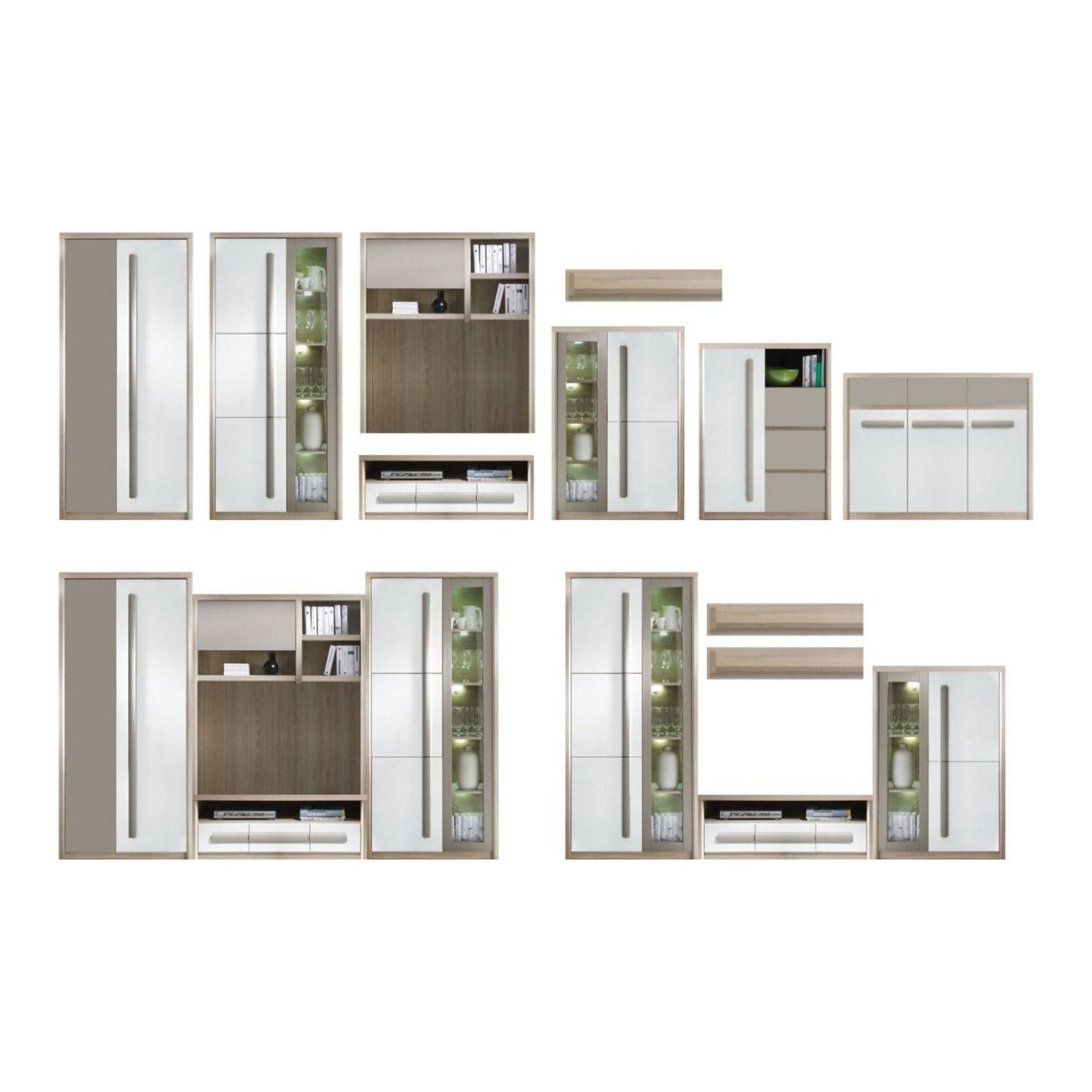 Mobilier living ROMA, stejar ferrara/alb, PAL, cu iluminare LED, 4 piese, 300x53x194 cm