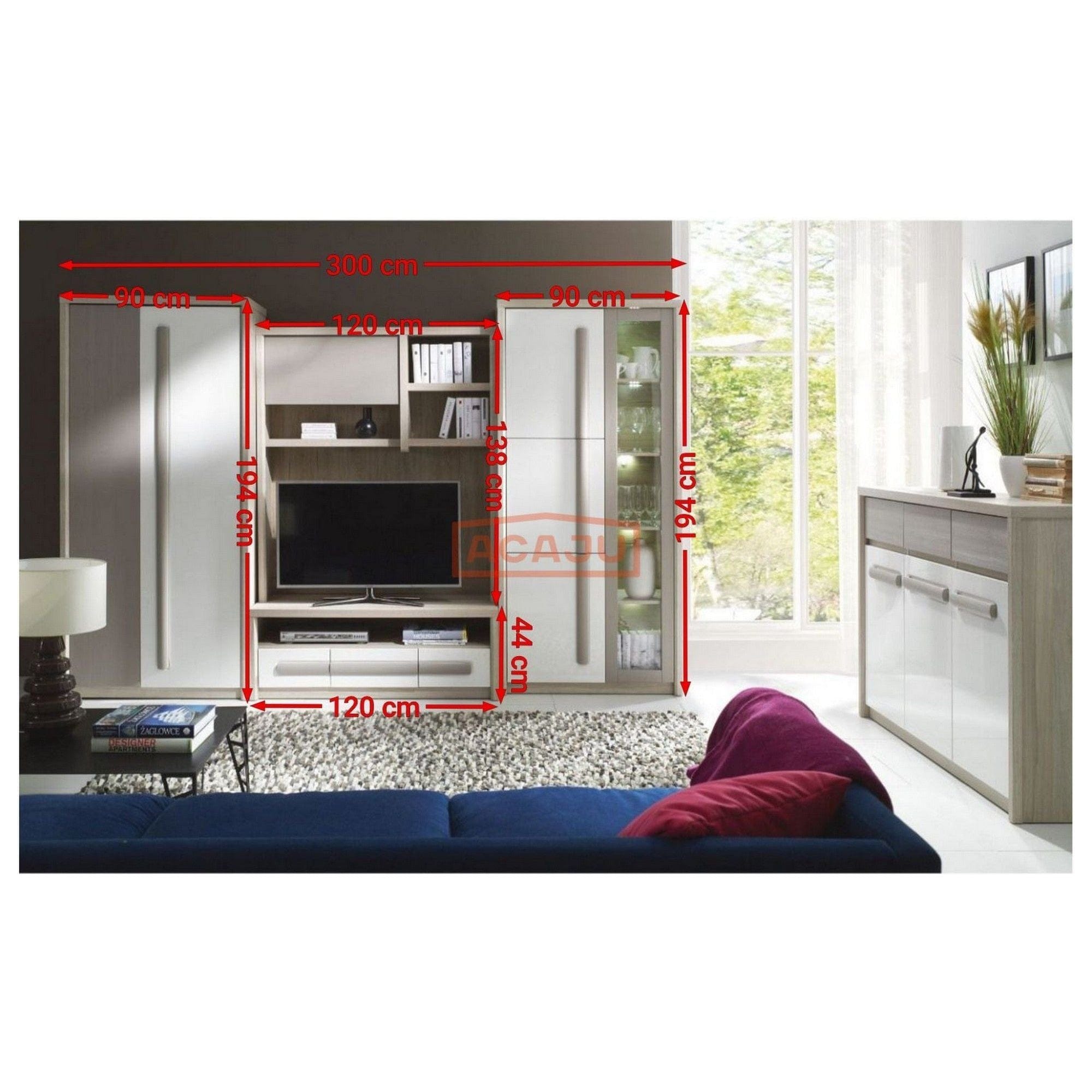 Mobilier living ROMA, stejar ferrara/alb, PAL, cu iluminare LED, 4 piese, 300x53x194 cm