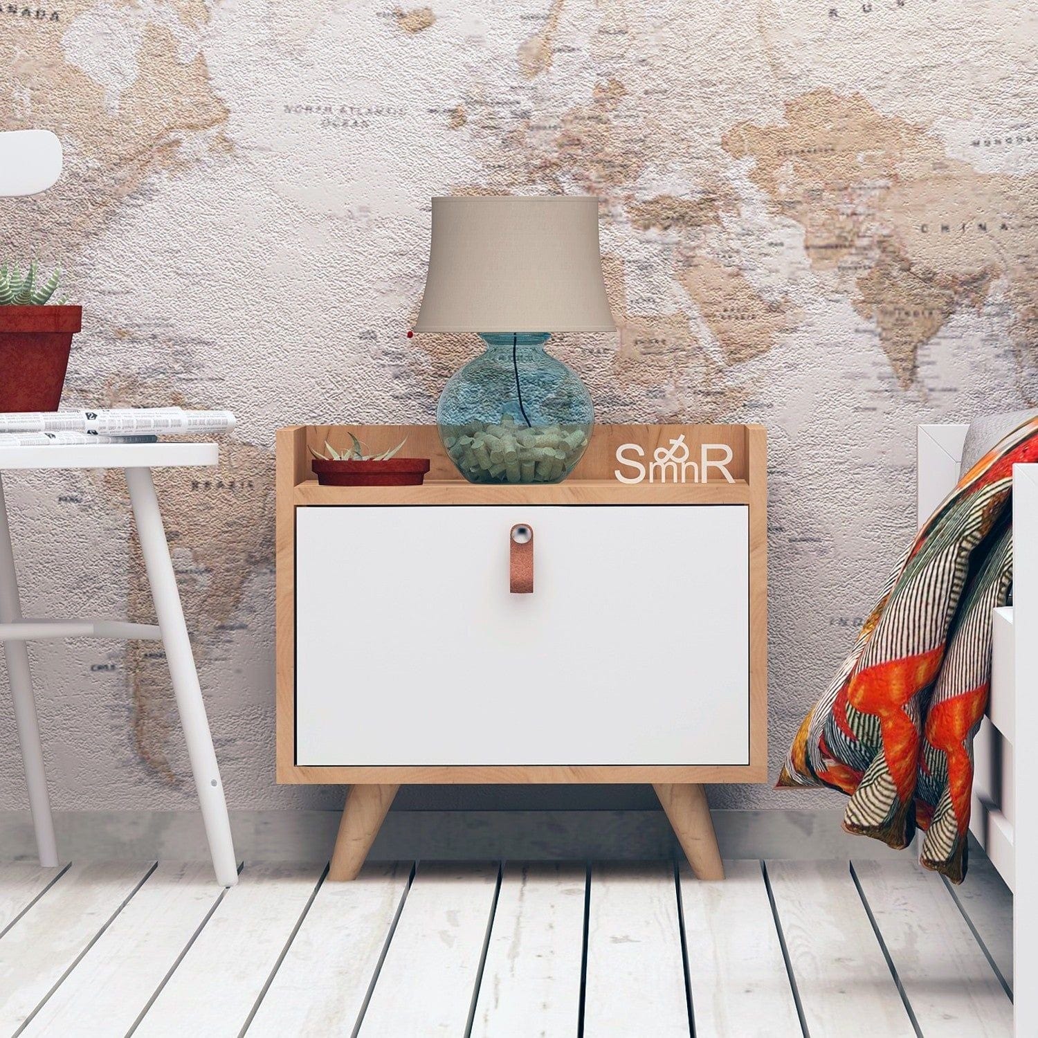 Noptiera Dopo, stejar/alb, PAL melaminat, 50x40x55 cm