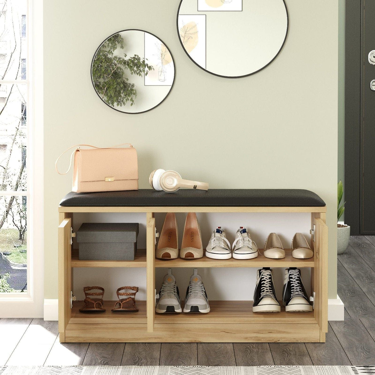 Pantofar MR2-KE-Oak, stejar/negru, PAL melaminat/piele ecologica, 90x36x46 cm