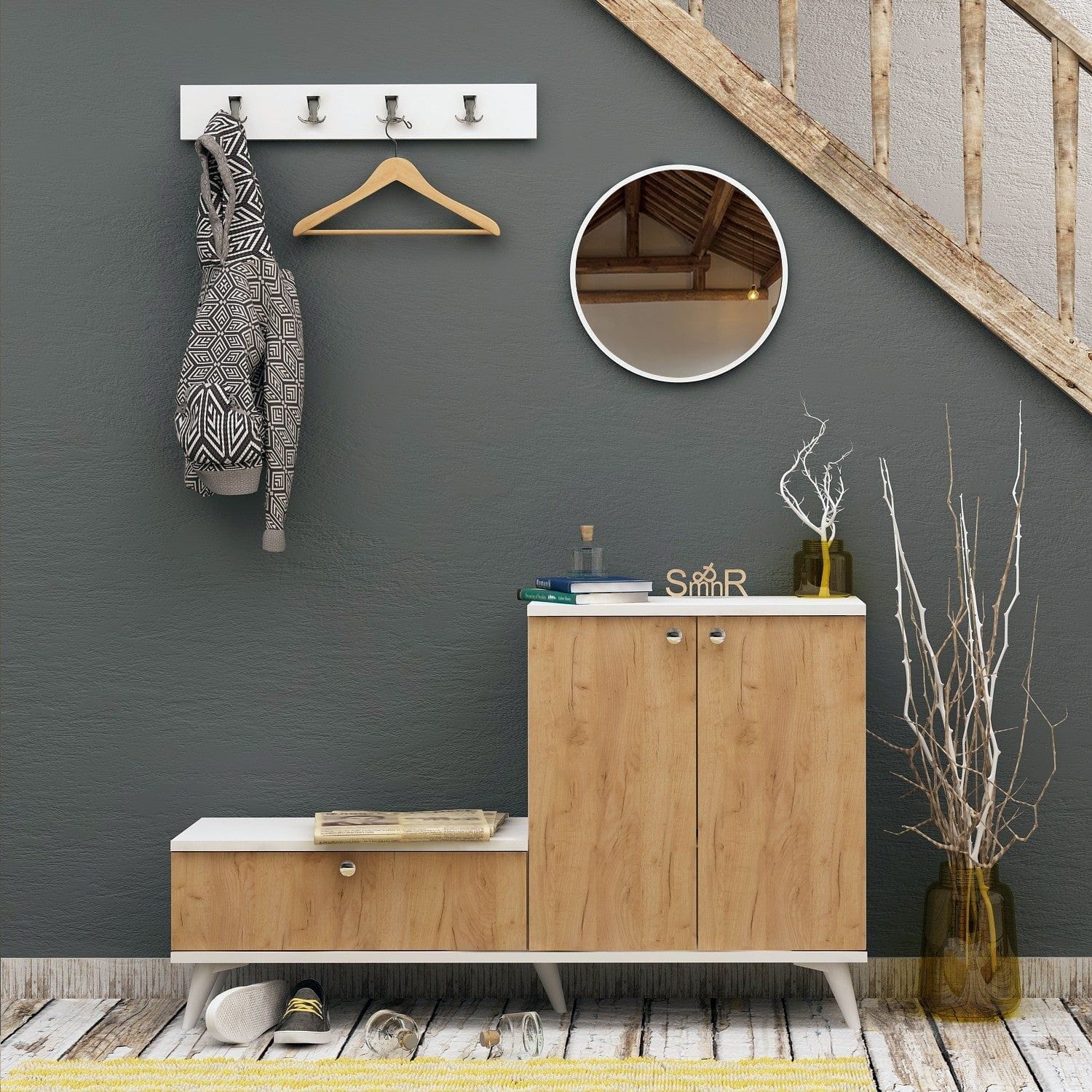 Pantofar si cuier, stejar/alb, PAL melaminat, 120x30x76 cm