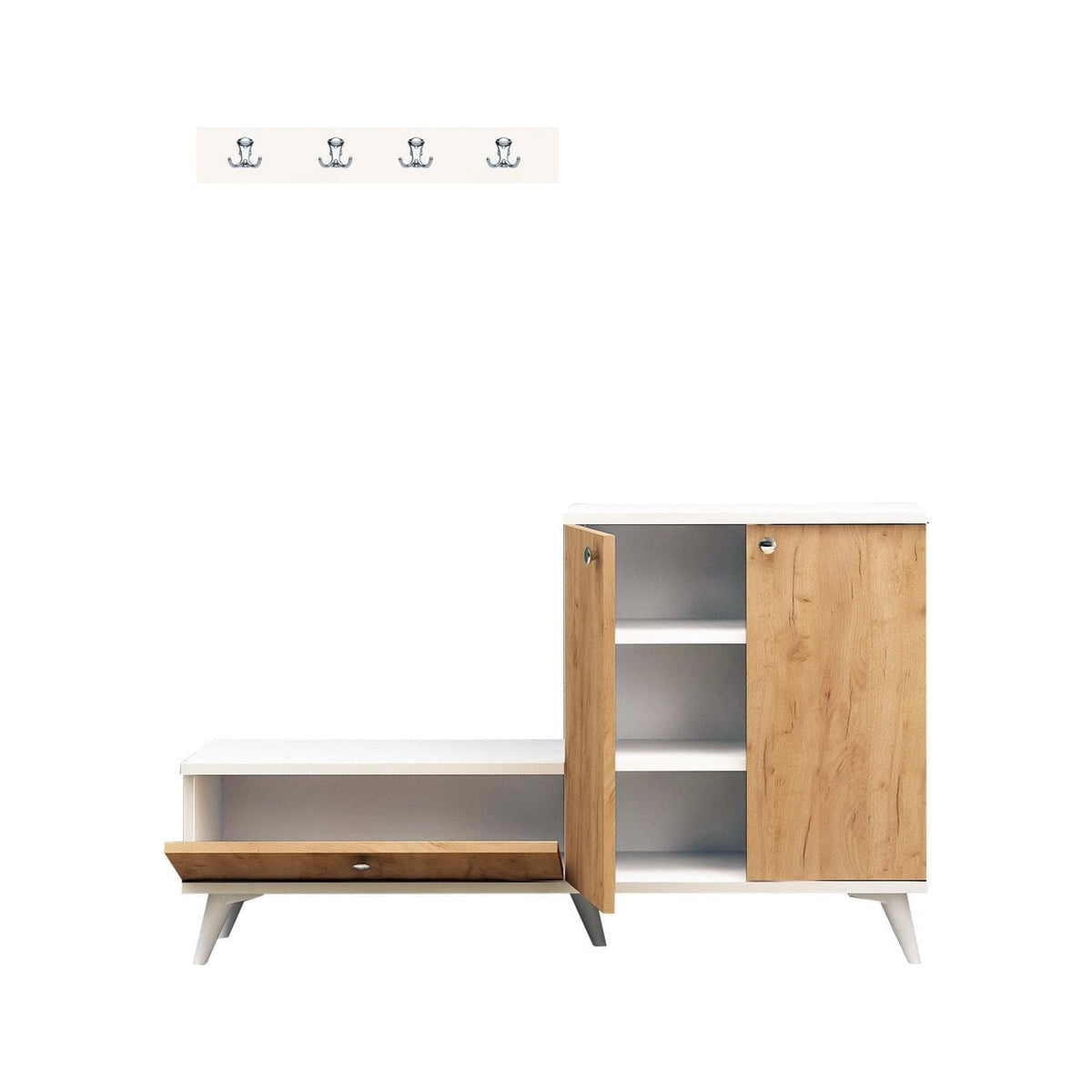 Pantofar si cuier, stejar/alb, PAL melaminat, 120x30x76 cm