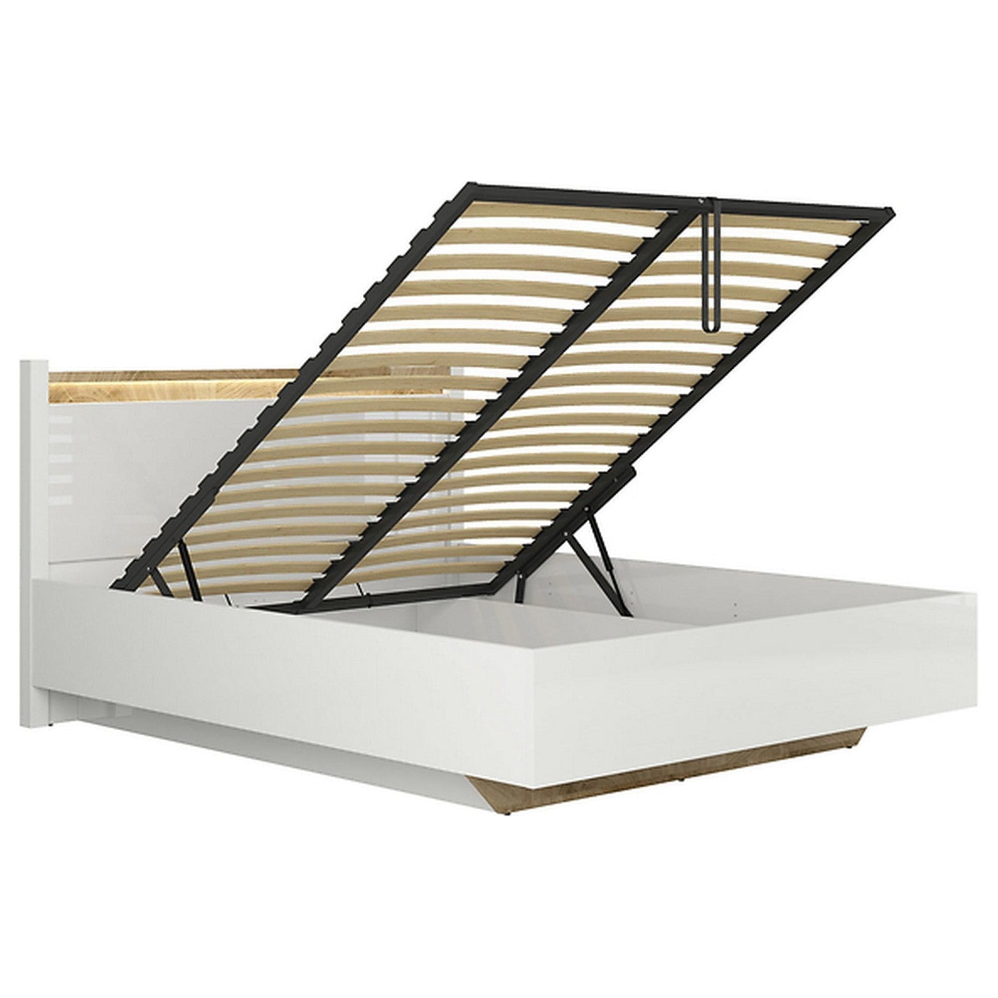 Pat ALAMEDA 160x200, alb, PAL, cu somiera, spatiu depozitare si iluminare LED