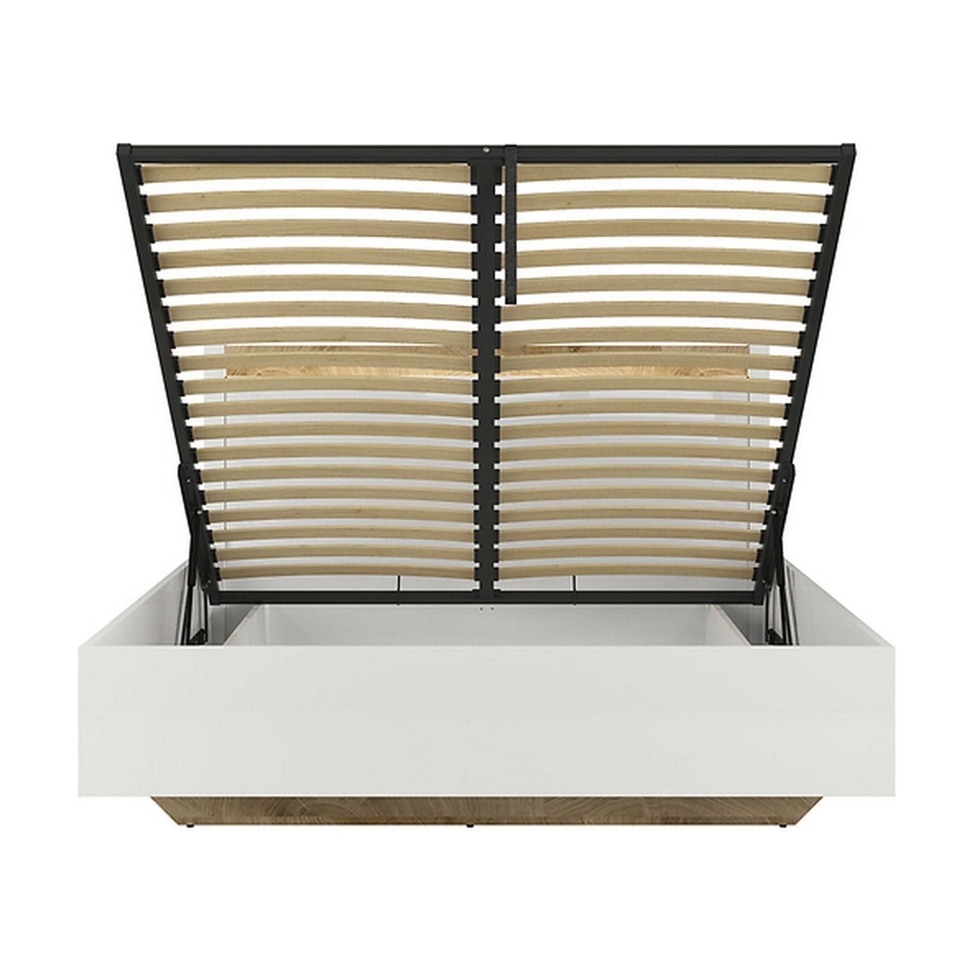 Pat ALAMEDA 160x200, alb, PAL, cu somiera, spatiu depozitare si iluminare LED