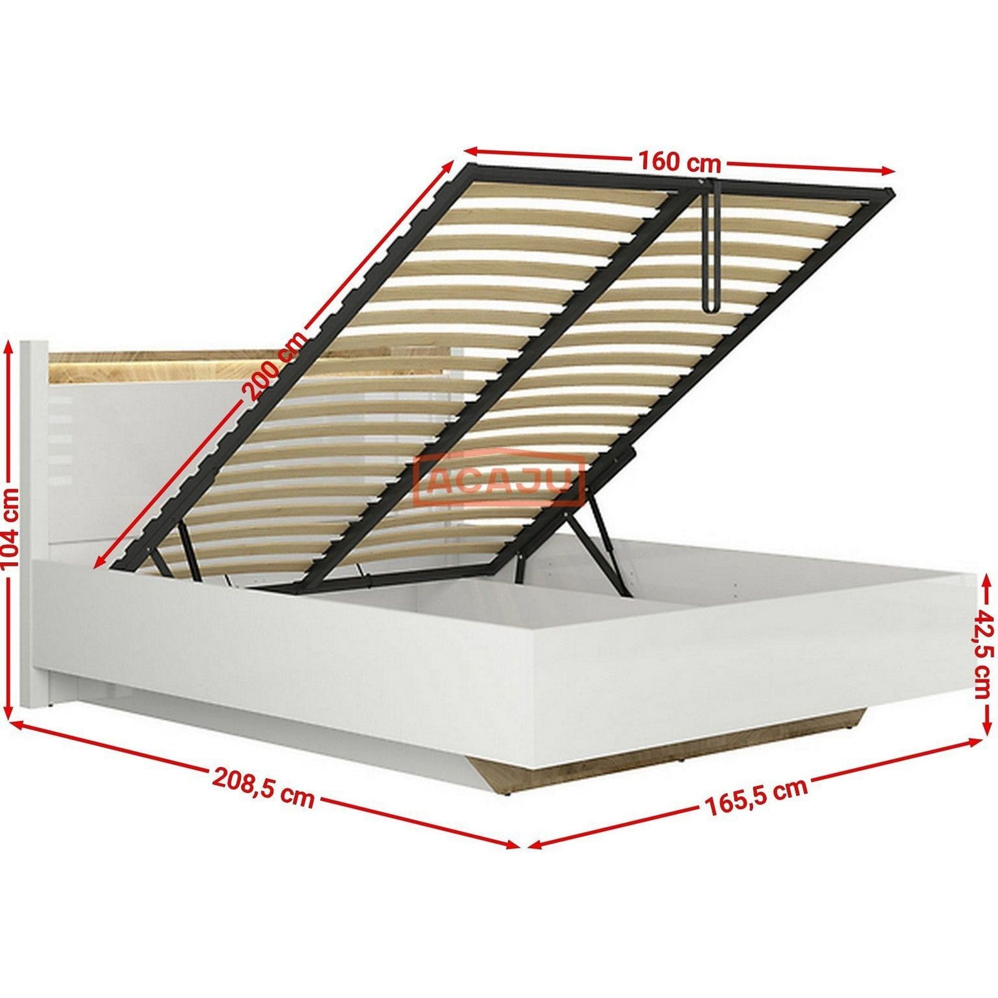 Pat ALAMEDA 160x200, alb, PAL, cu somiera, spatiu depozitare si iluminare LED