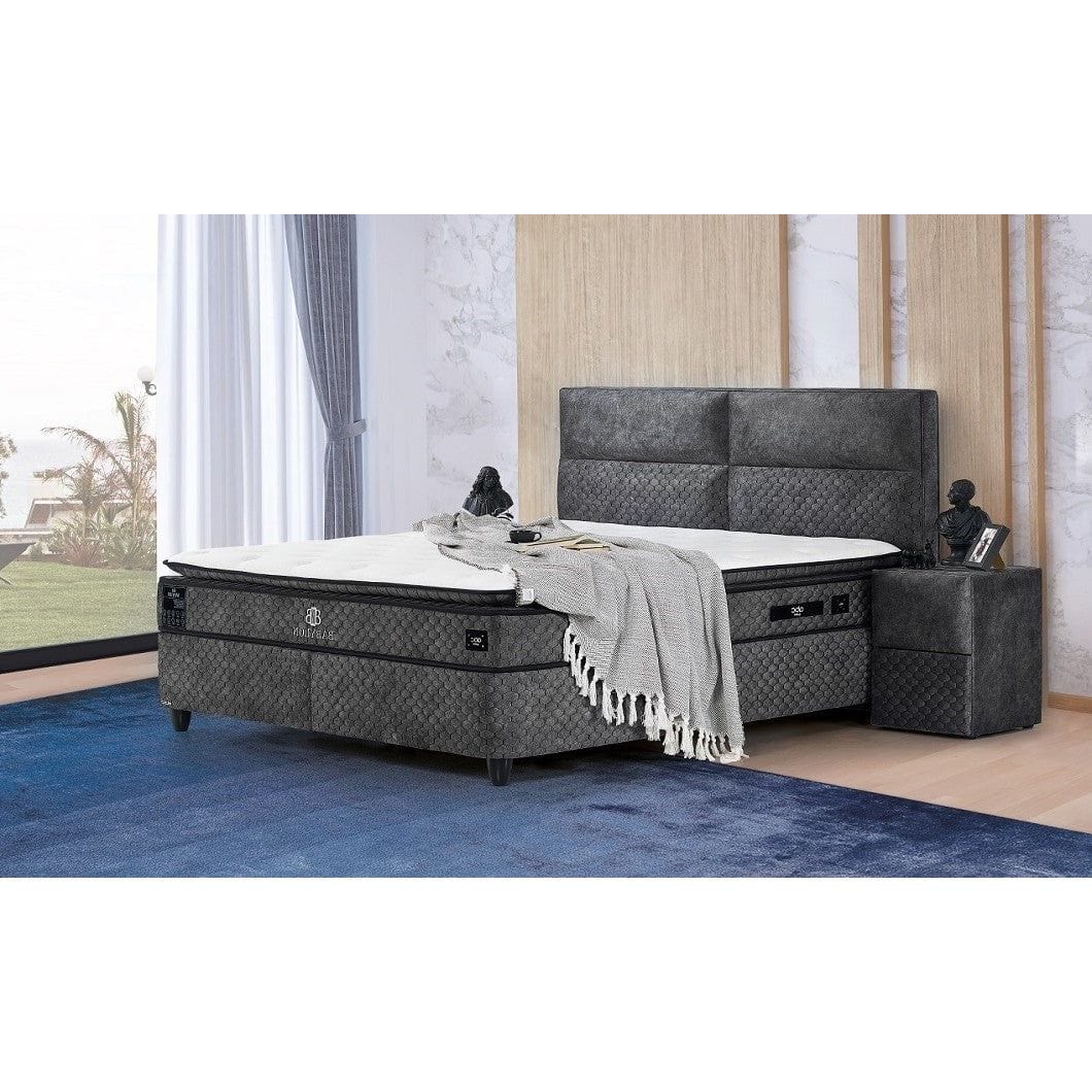 Pat BABYLON 160x200, gri, stofa/burete/PAL/metal, cu somiera si lada pentru depozitare