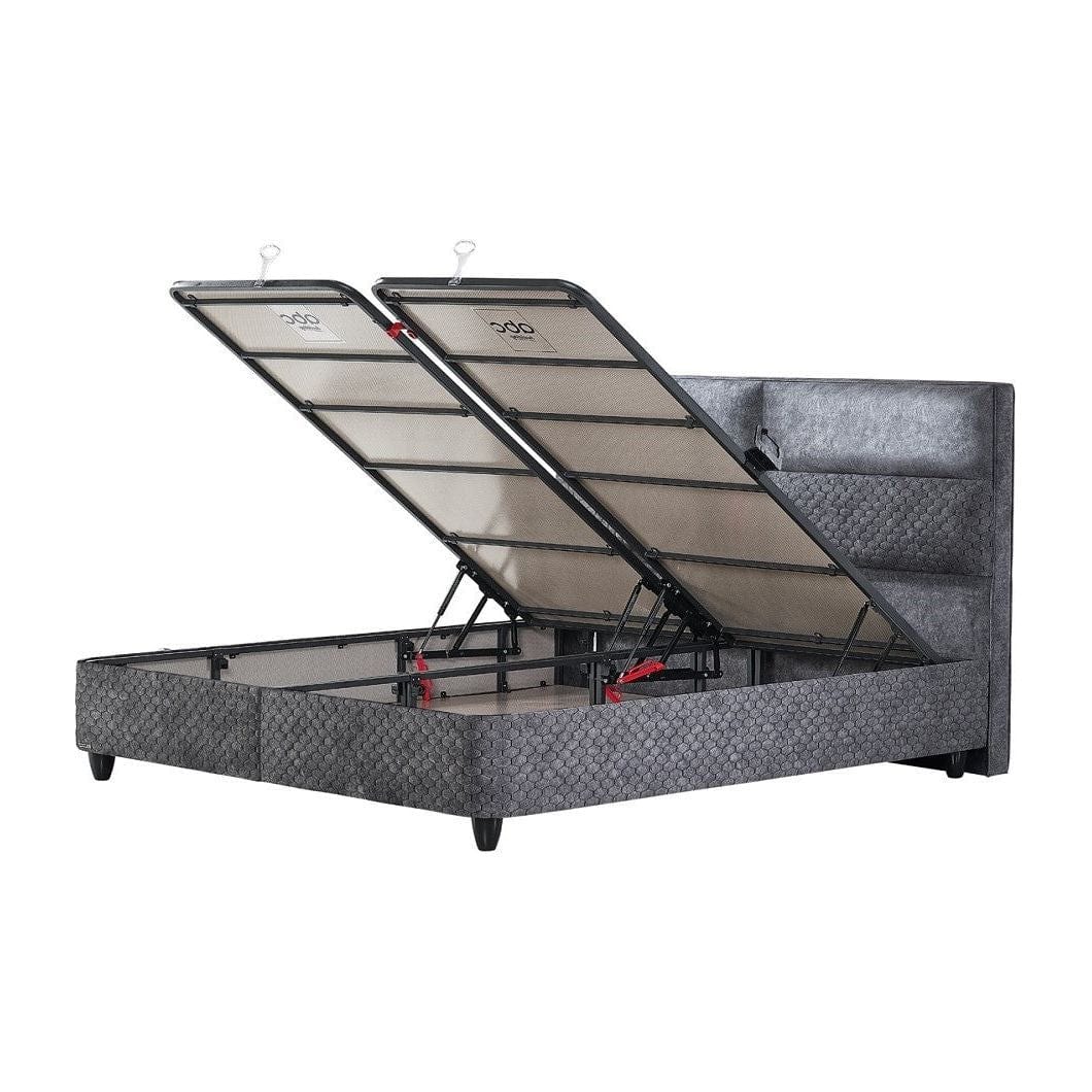 Pat BABYLON 160x200, gri, stofa/burete/PAL/metal, cu somiera si lada pentru depozitare