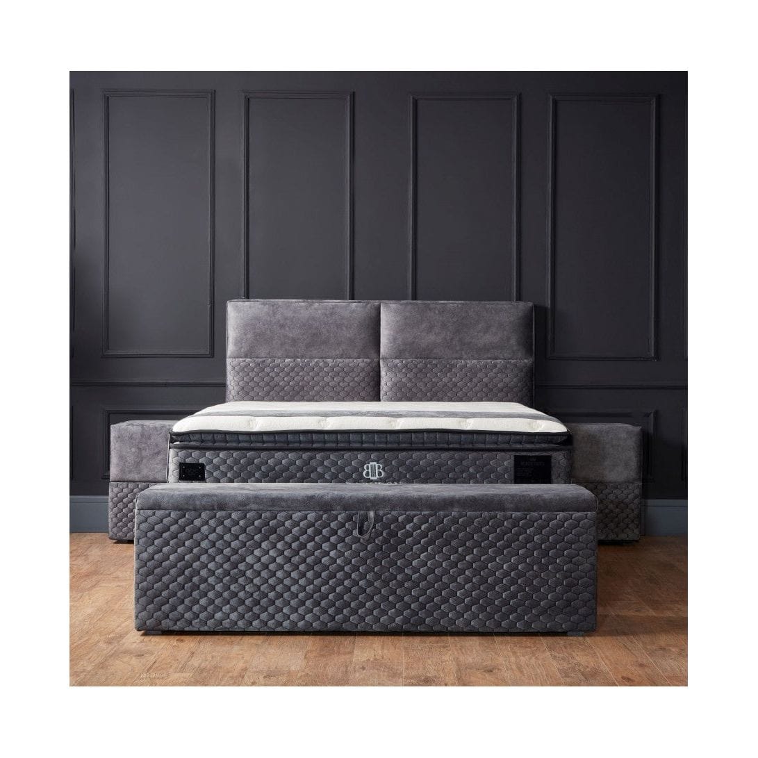 Pat BABYLON 160x200, gri, stofa/burete/PAL/metal, cu somiera si lada pentru depozitare