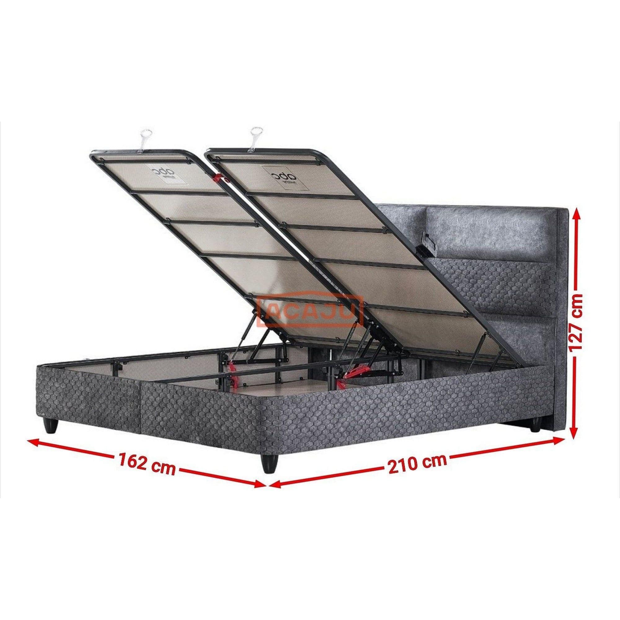 Pat BABYLON 160x200, gri, stofa/burete/PAL/metal, cu somiera si lada pentru depozitare