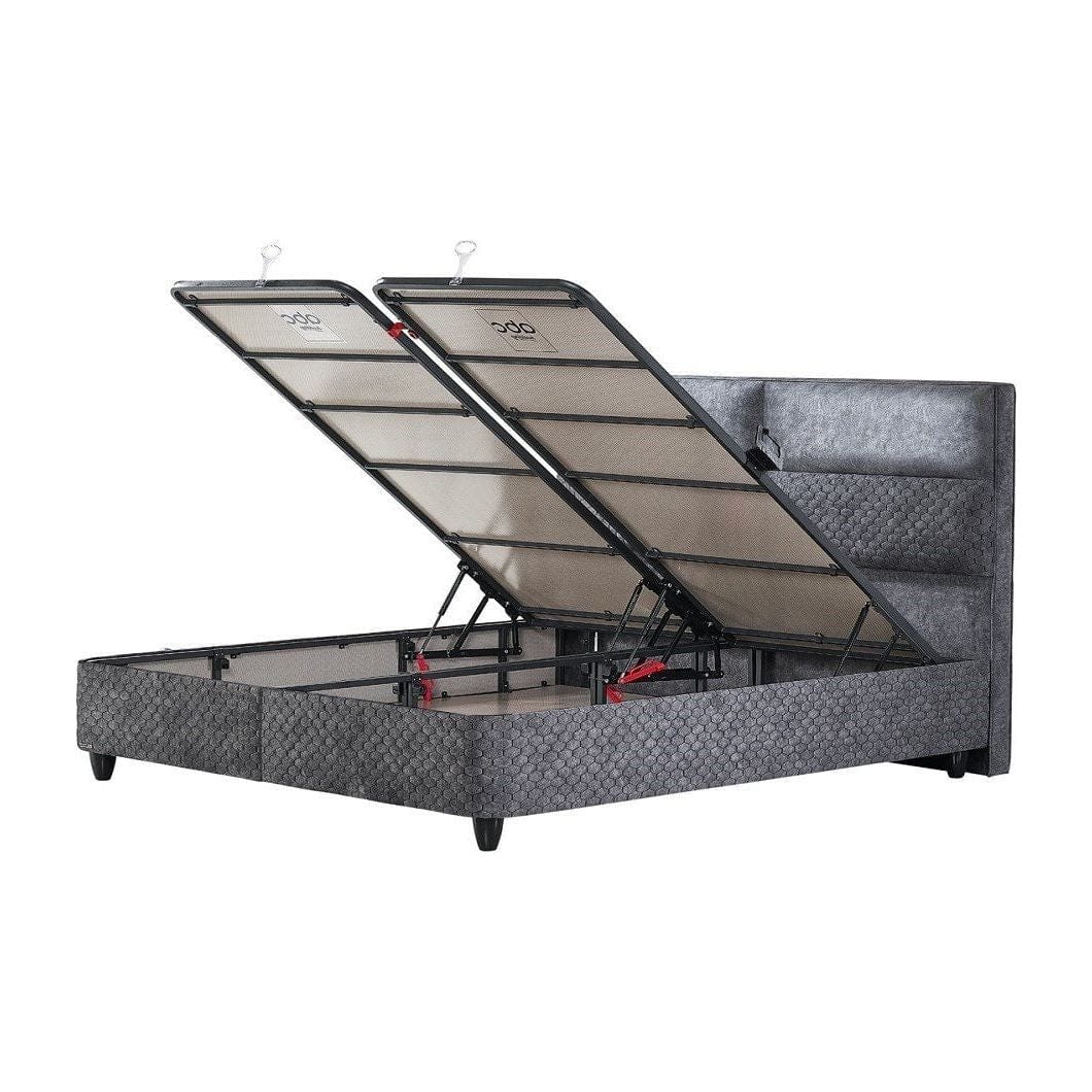 Pat BABYLON 180x200, gri inchis, stofa/burete/PAL/metal, cu somiera si lada pentru depozitare