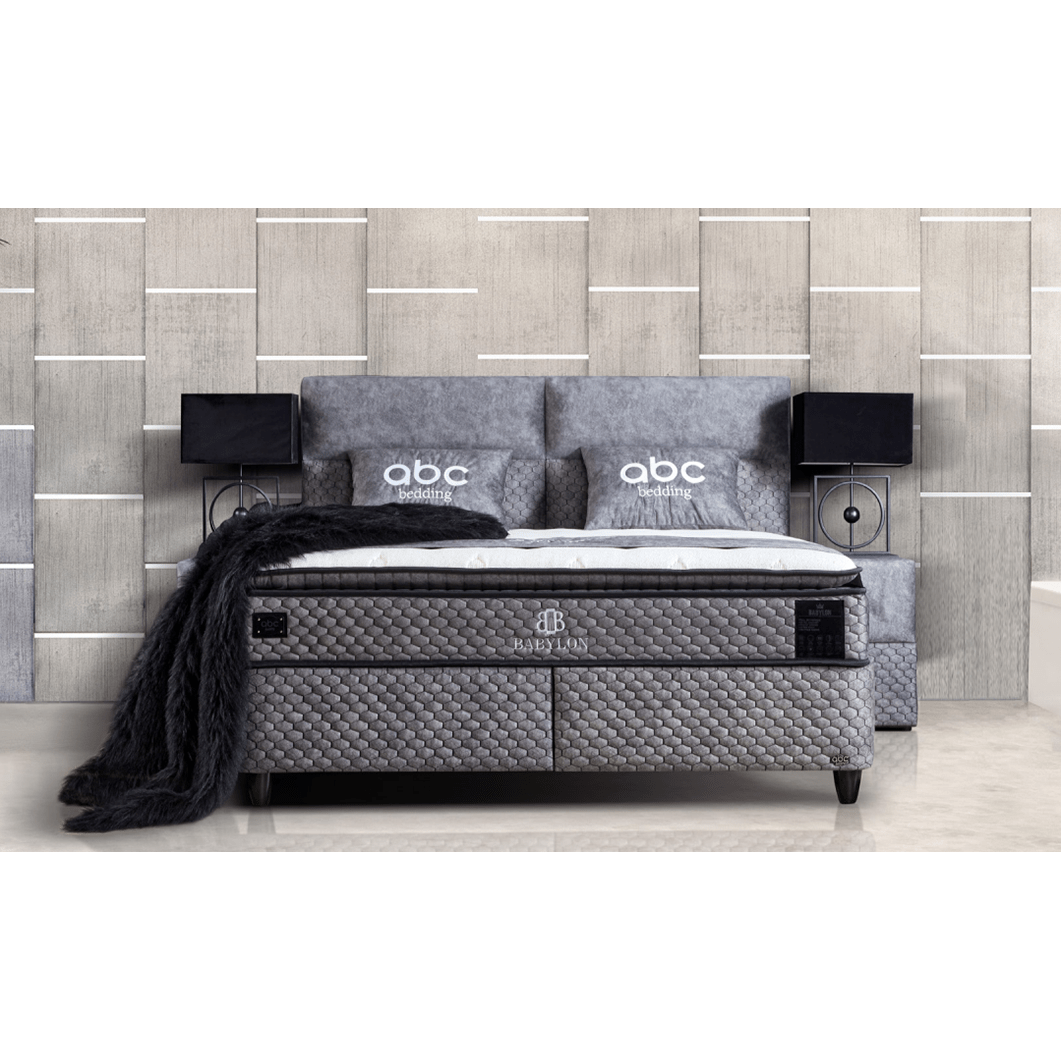 Pat BABYLON 180x200, gri inchis, stofa/burete/PAL/metal, cu somiera si lada pentru depozitare