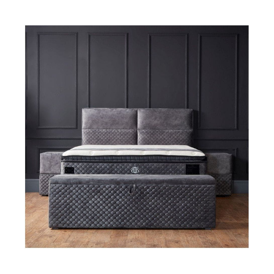 Pat BABYLON 180x200, gri inchis, stofa/burete/PAL/metal, cu somiera si lada pentru depozitare