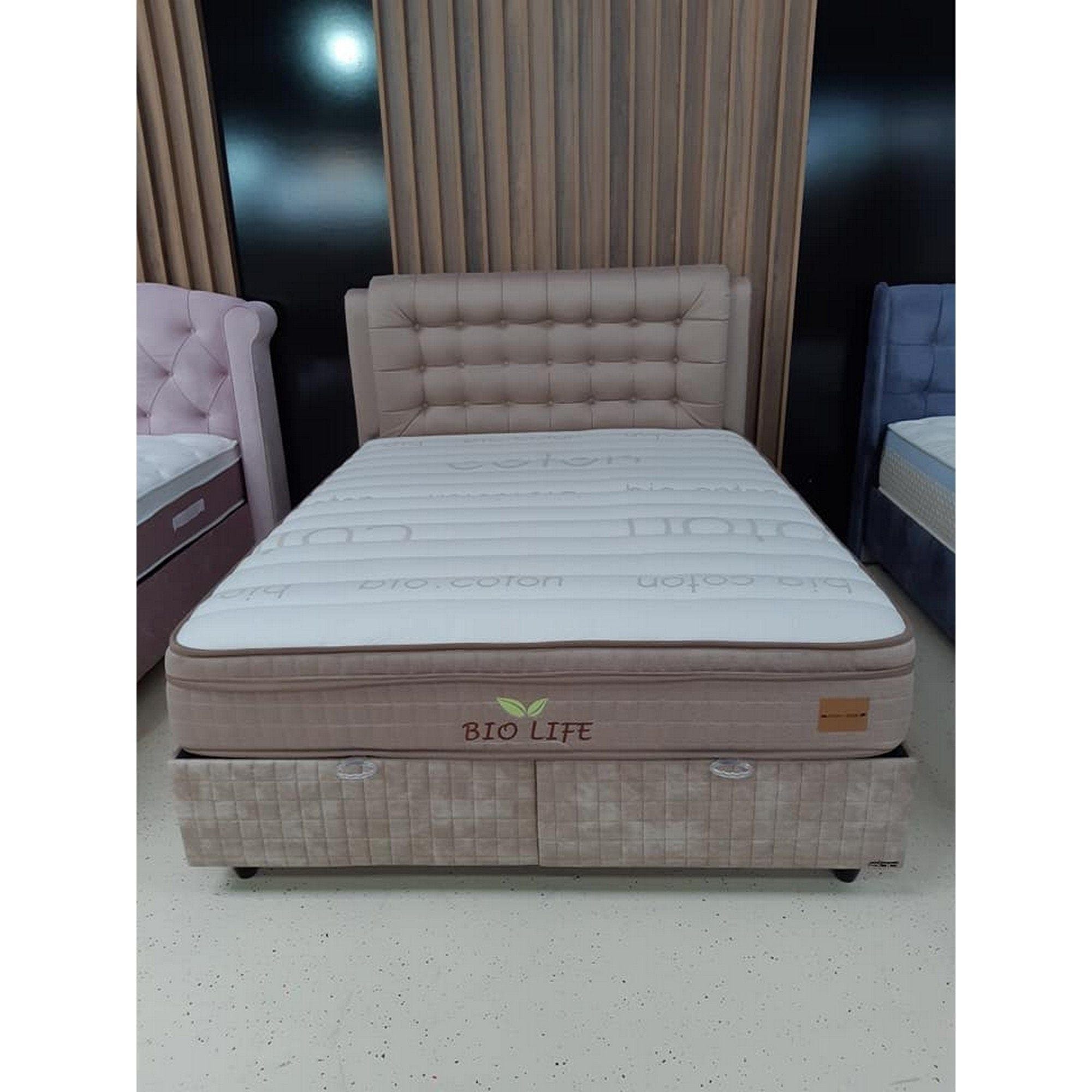 Pat BIO LIFE 140x200, bej, stofa/burete/PAL/metal, cu somiera, lada pentru depozitare si port USB