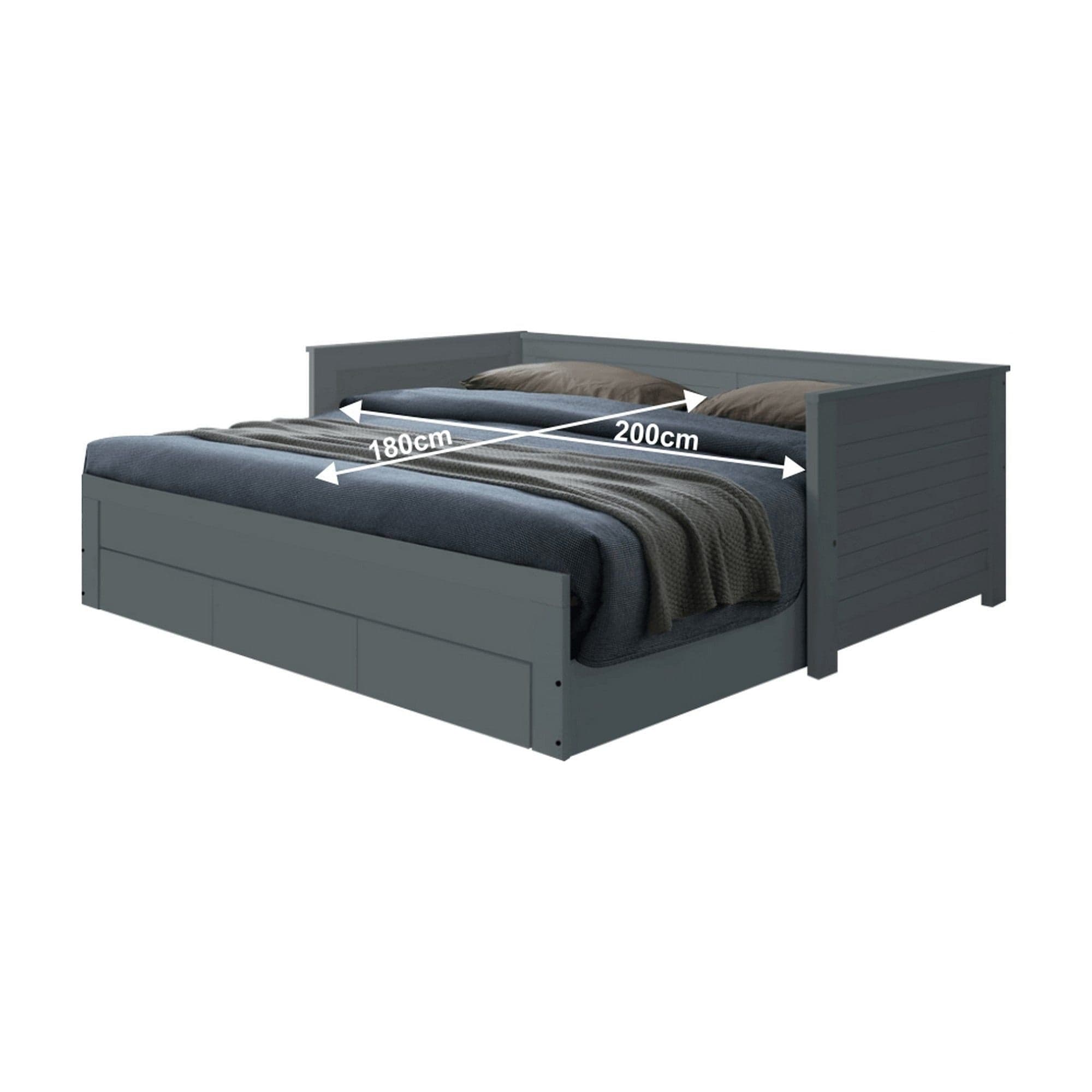 Pat extensibil GORETA, 90x200/180x200, gri, cu somiera si 3 sertare pentru depozitare