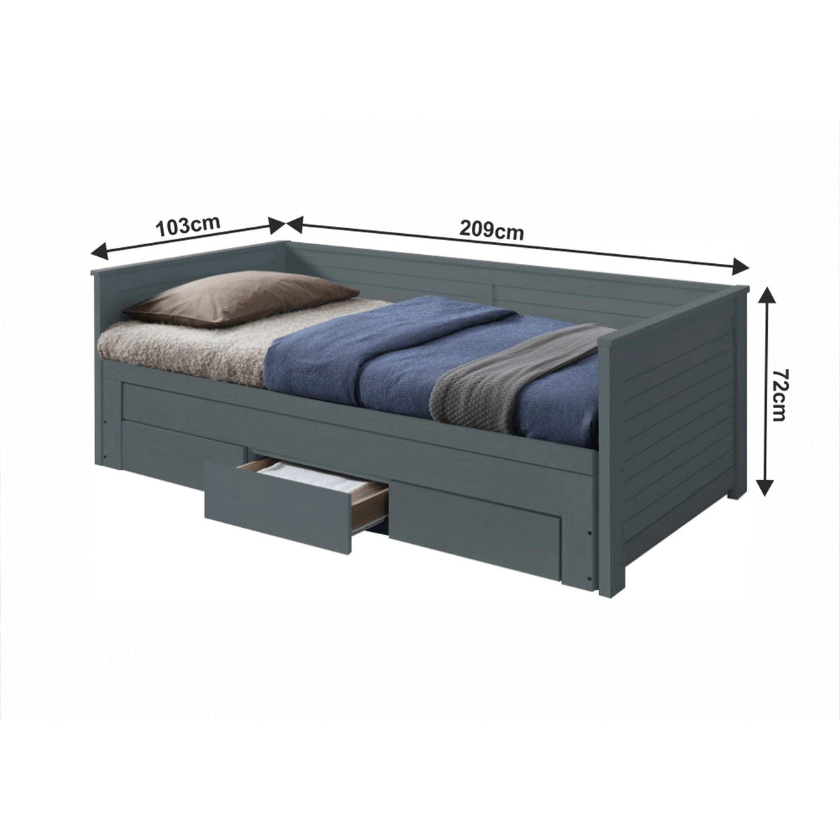 Pat extensibil GORETA, 90x200/180x200, gri, cu somiera si 3 sertare pentru depozitare