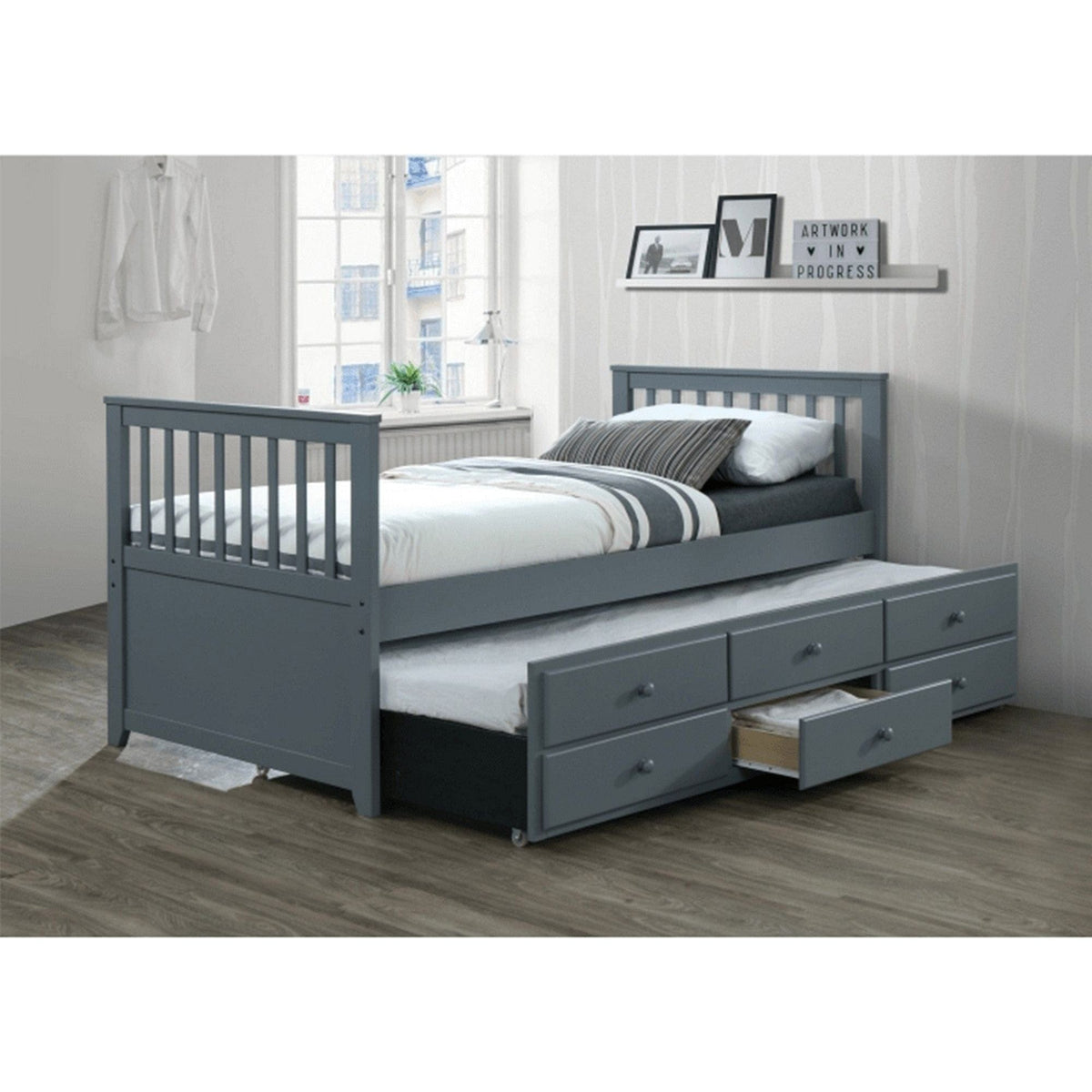 Pat extensibil pentru copii AUSTIN NEW 90x200, gri antracit, cu somiere si 3 spatii depozitare
