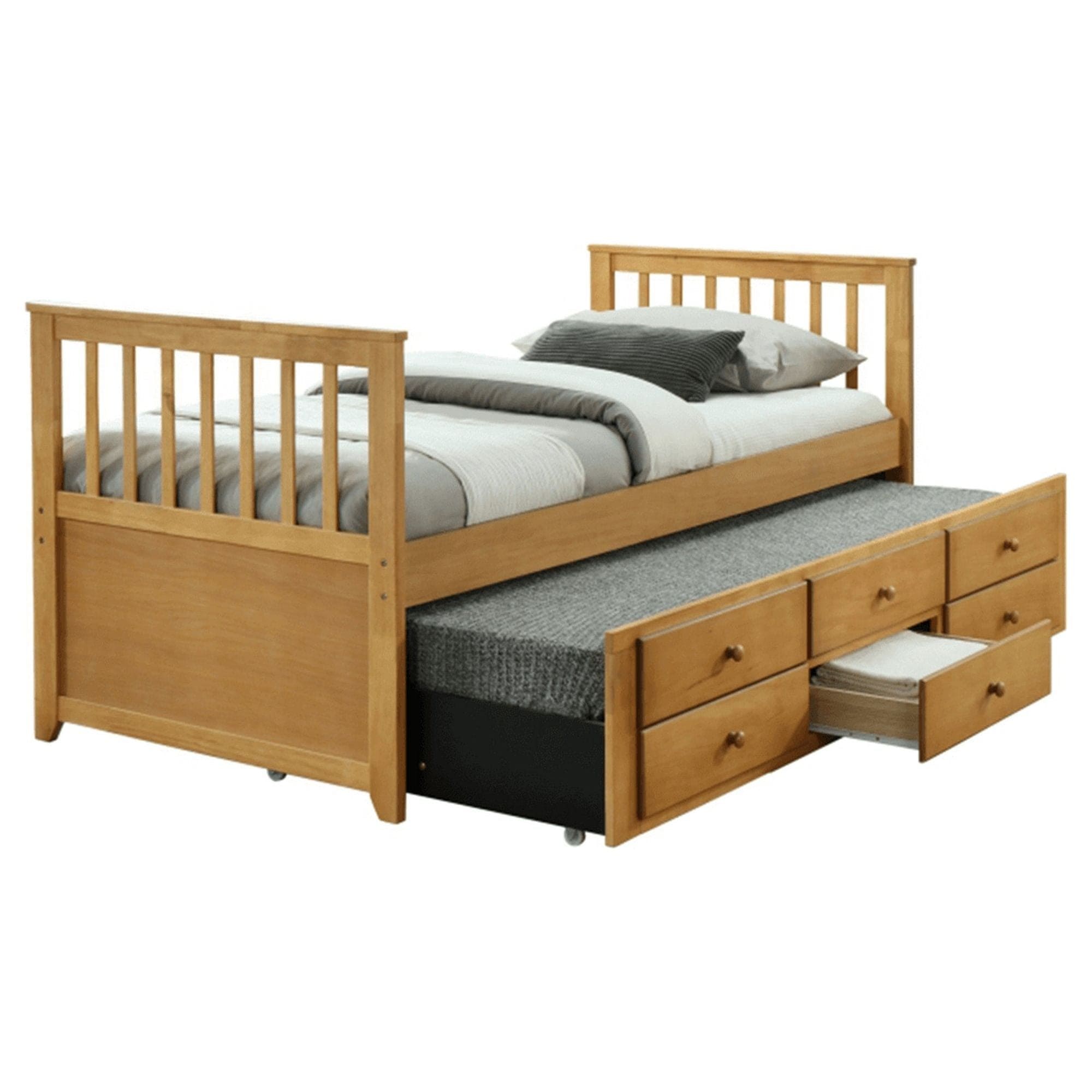 Pat extensibil pentru copii AUSTIN NEW 90x200, stejar, cu somiere si 3 spatii depozitare