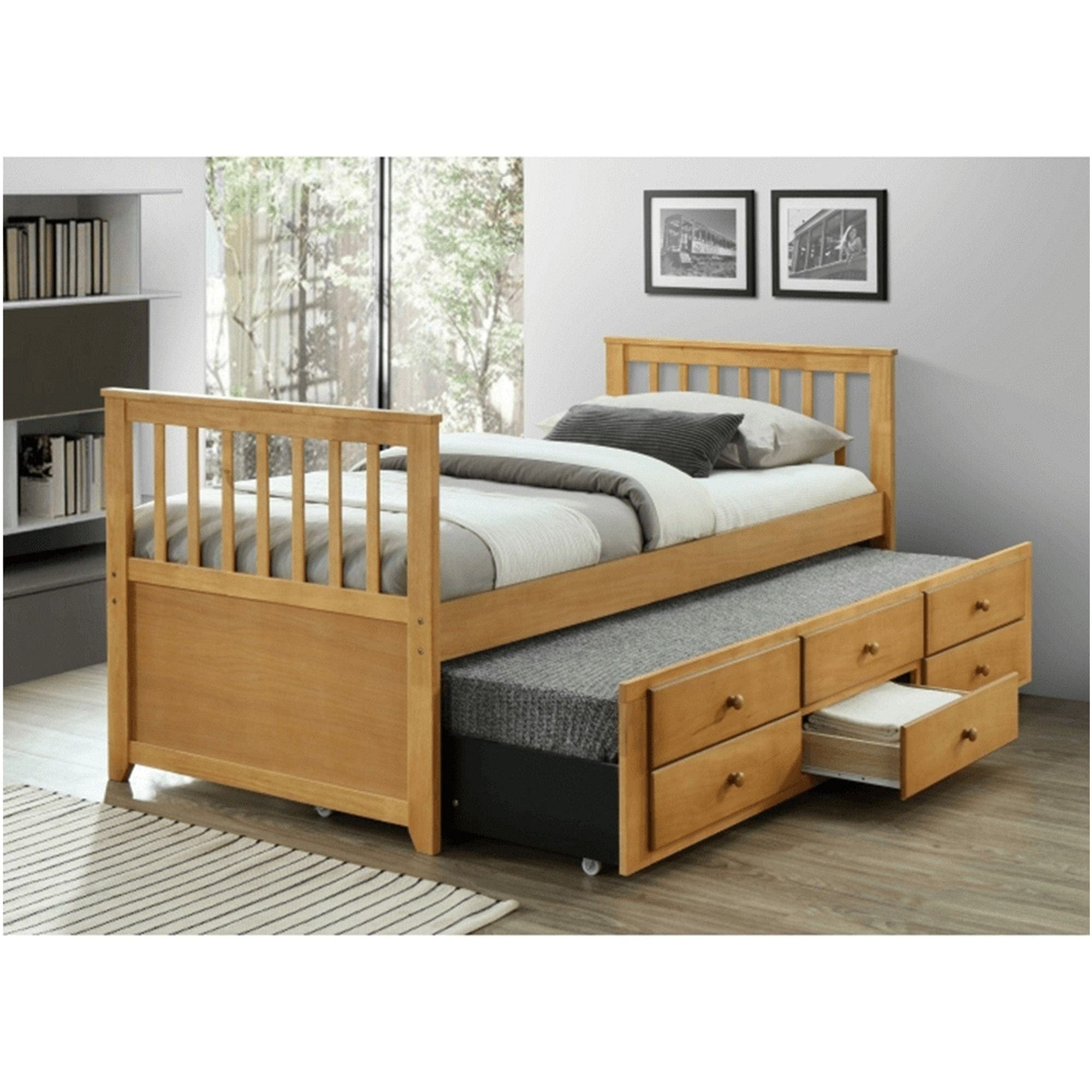 Pat extensibil pentru copii AUSTIN NEW 90x200, stejar, cu somiere si 3 spatii depozitare