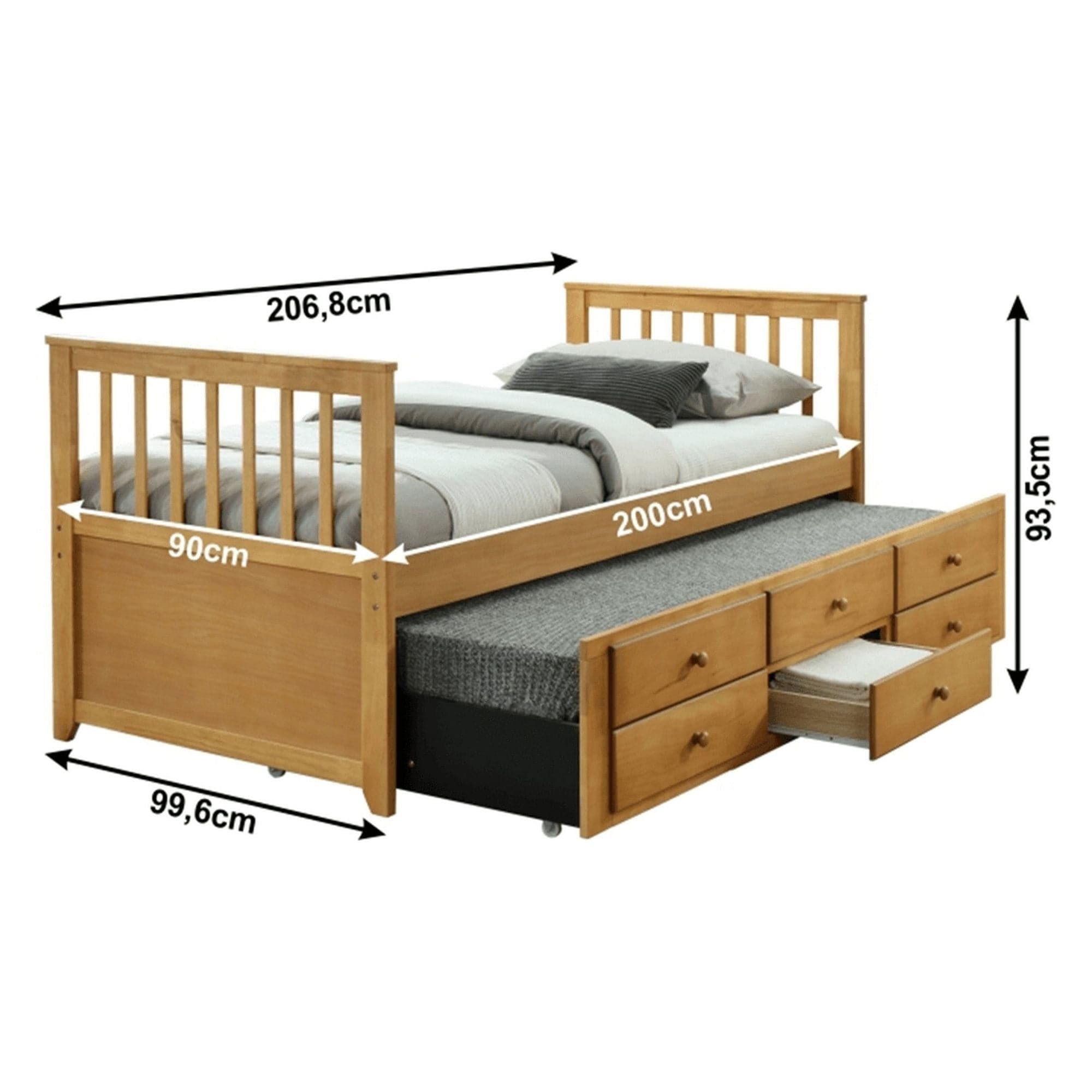 Pat extensibil pentru copii AUSTIN NEW 90x200, stejar, cu somiere si 3 spatii depozitare