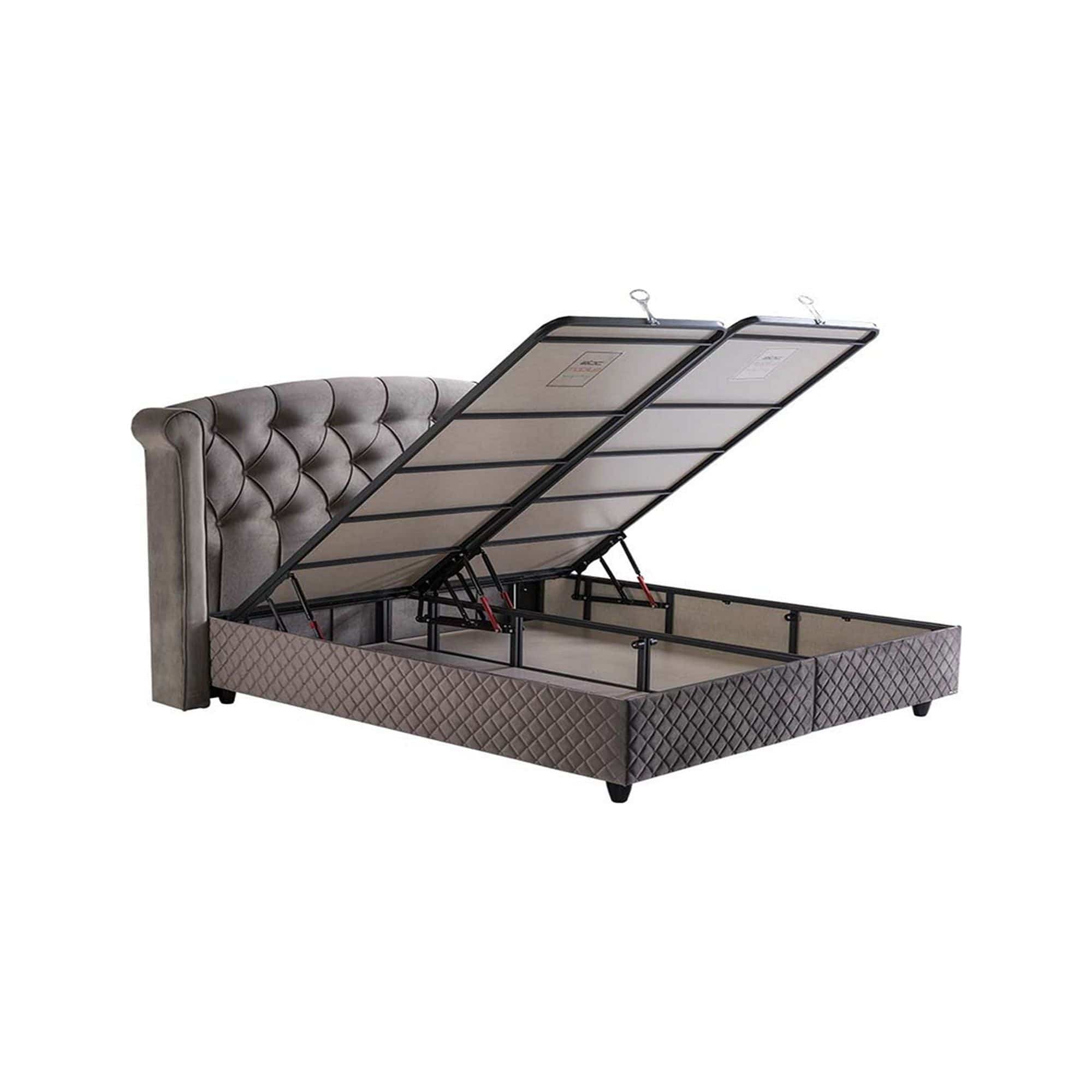 Pat Hadise 160x200, stofa gri, cu somiera si lada pentru depozitare