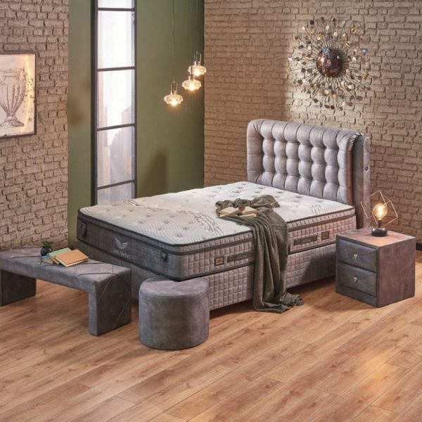 Pat Lateks Comfort 180X200, stofa gri, cu somiera si lada pentru depozitare