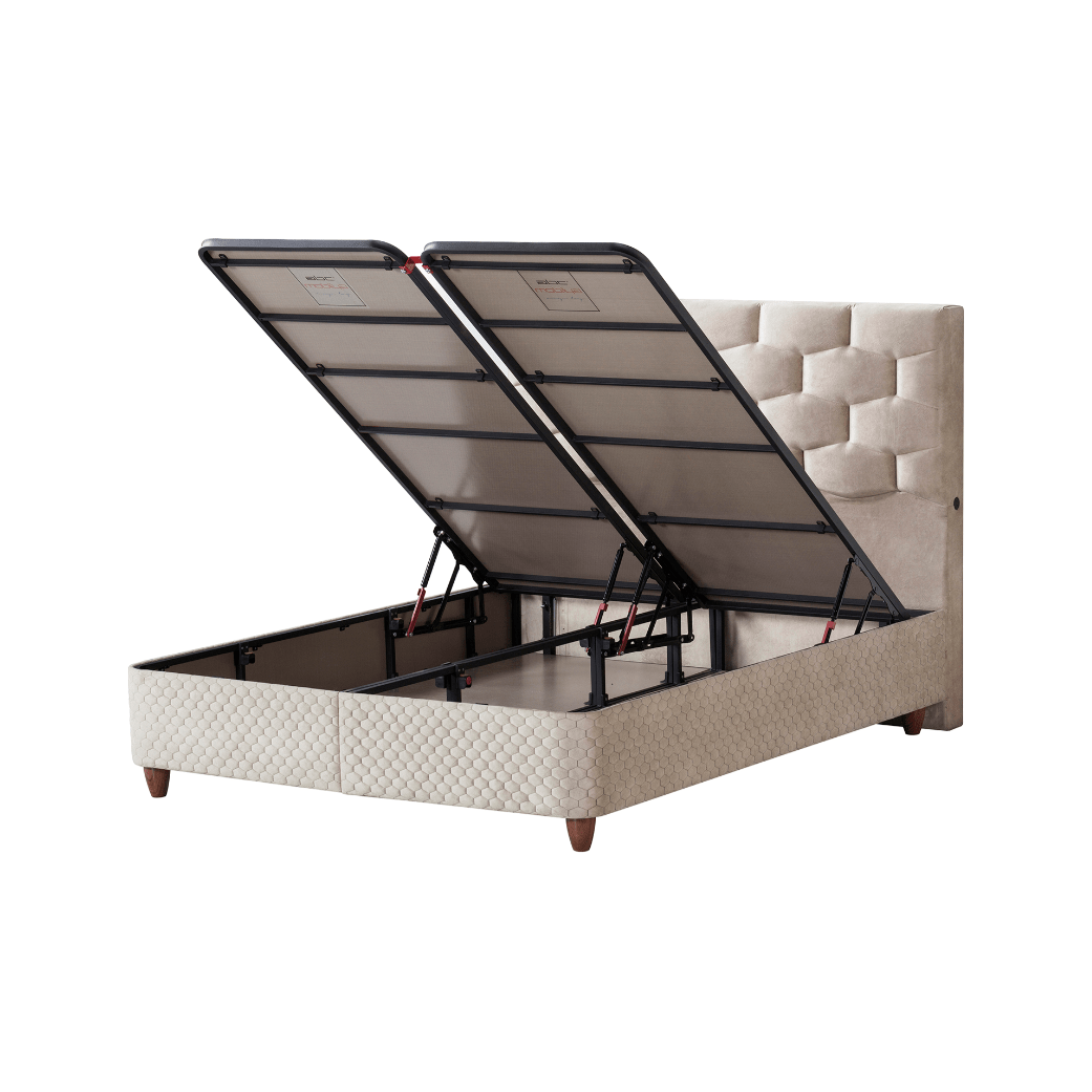 Pat Magnesia 160x200, stofa crem, cu suport saltea si lada depozitare