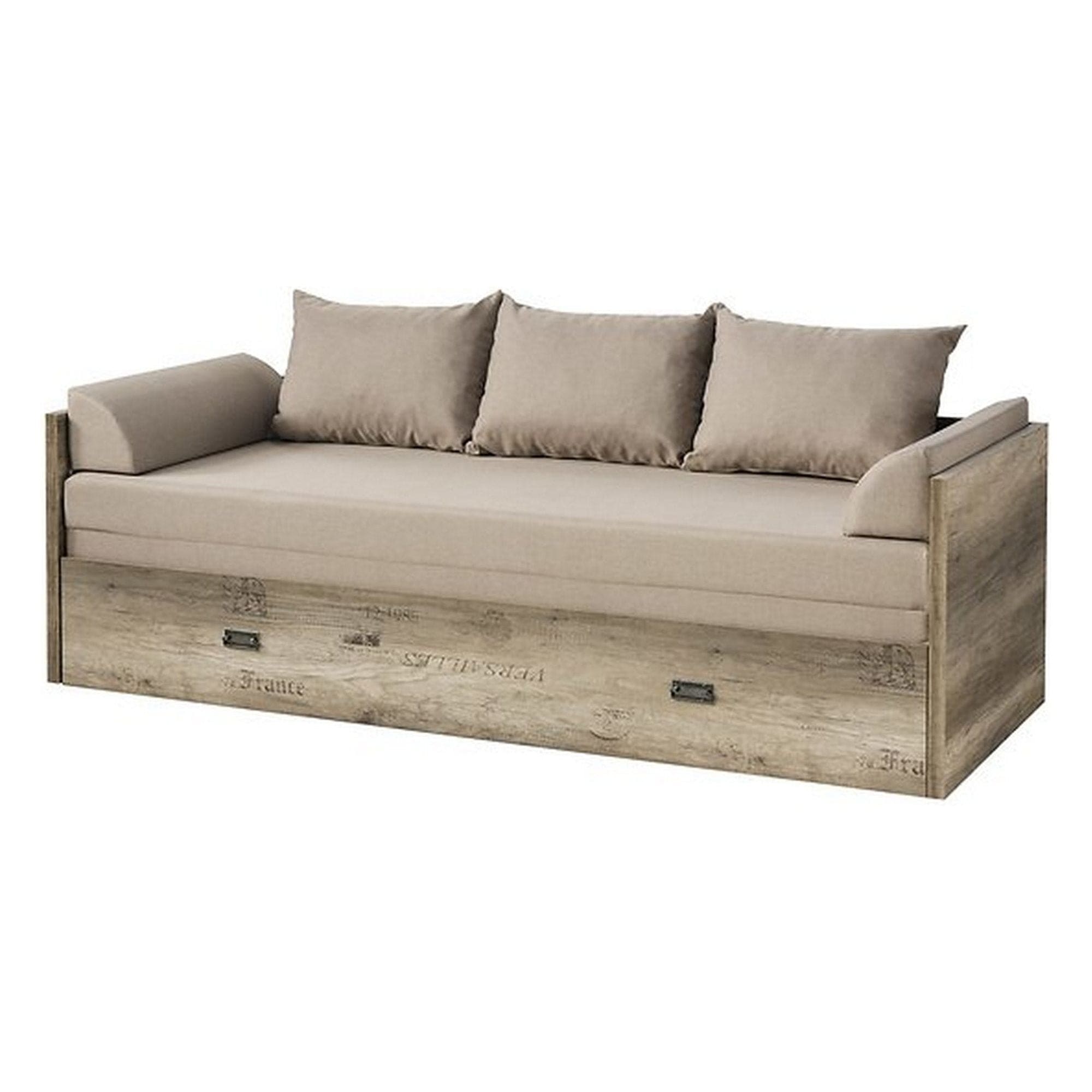 Pat MALCOLM 80/160, stejar canyon, PAL, cu saltea, cotiere, perne si spatiu depozitare