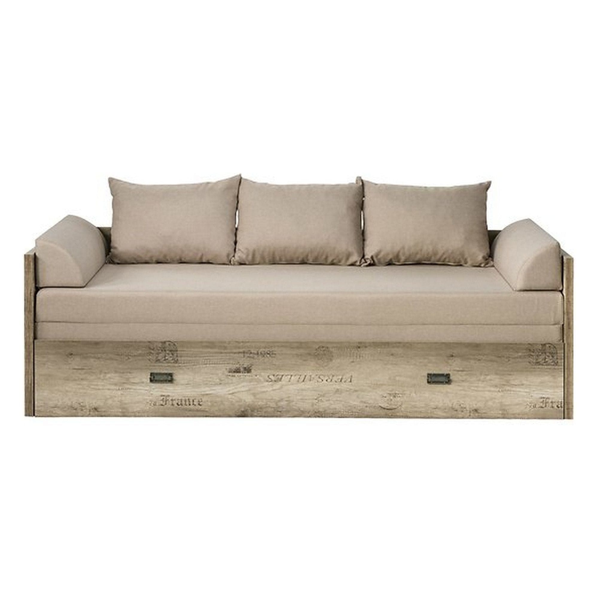 Pat MALCOLM 80/160, stejar canyon, PAL, cu saltea, cotiere, perne si spatiu depozitare