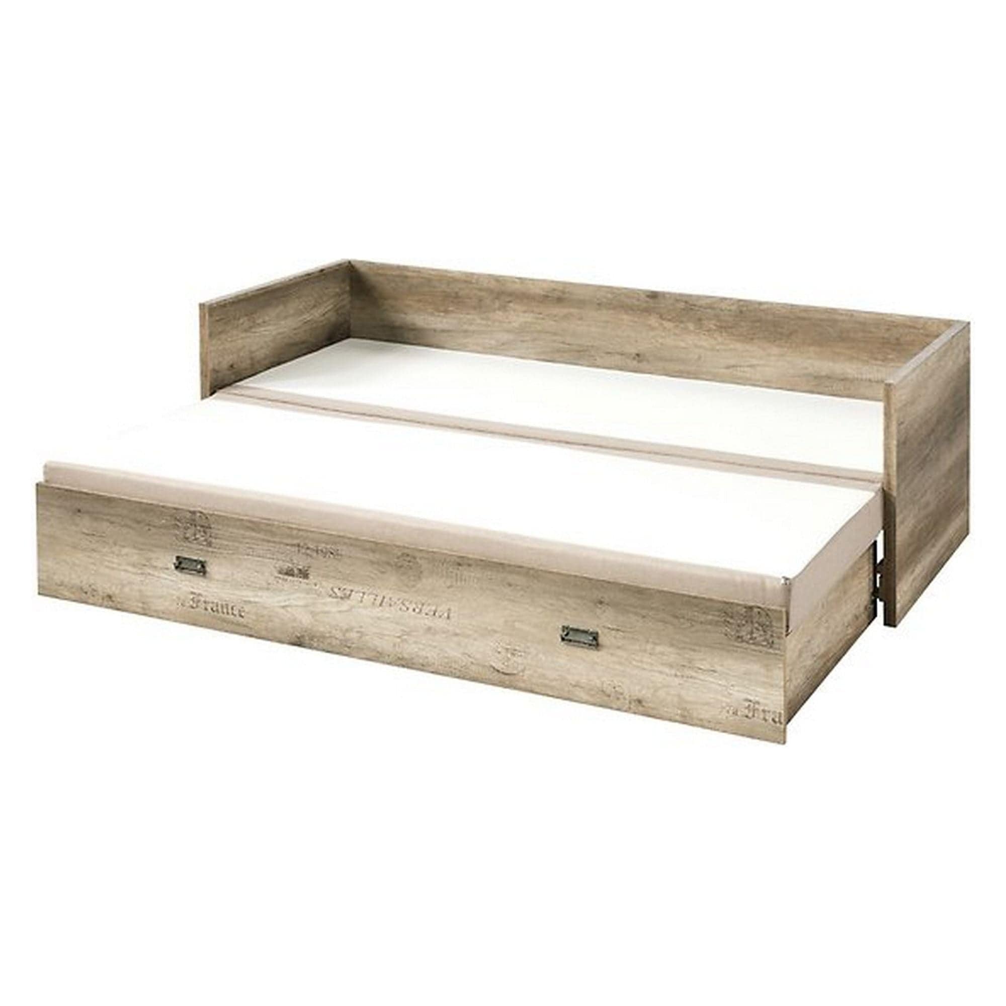 Pat MALCOLM 80/160, stejar canyon, PAL, cu saltea, cotiere, perne si spatiu depozitare