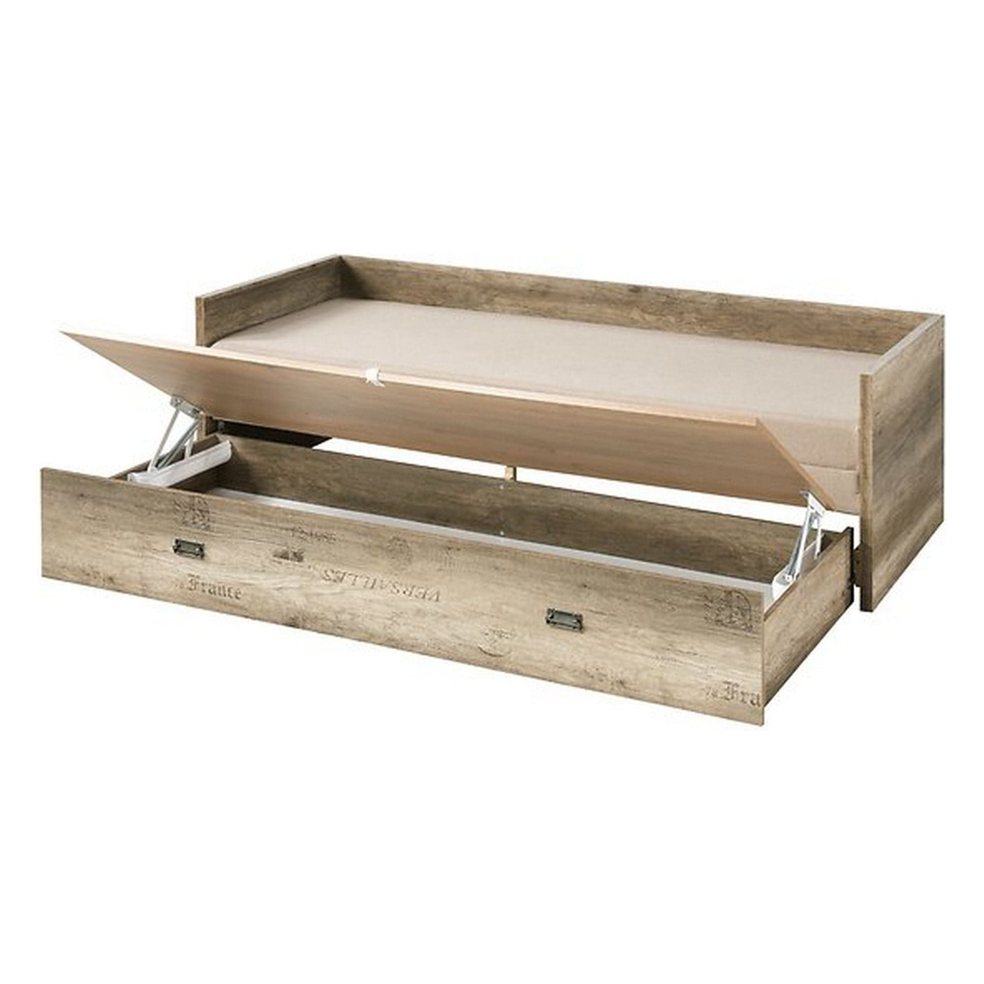 Pat MALCOLM 80/160, stejar canyon, PAL, cu saltea, cotiere, perne si spatiu depozitare