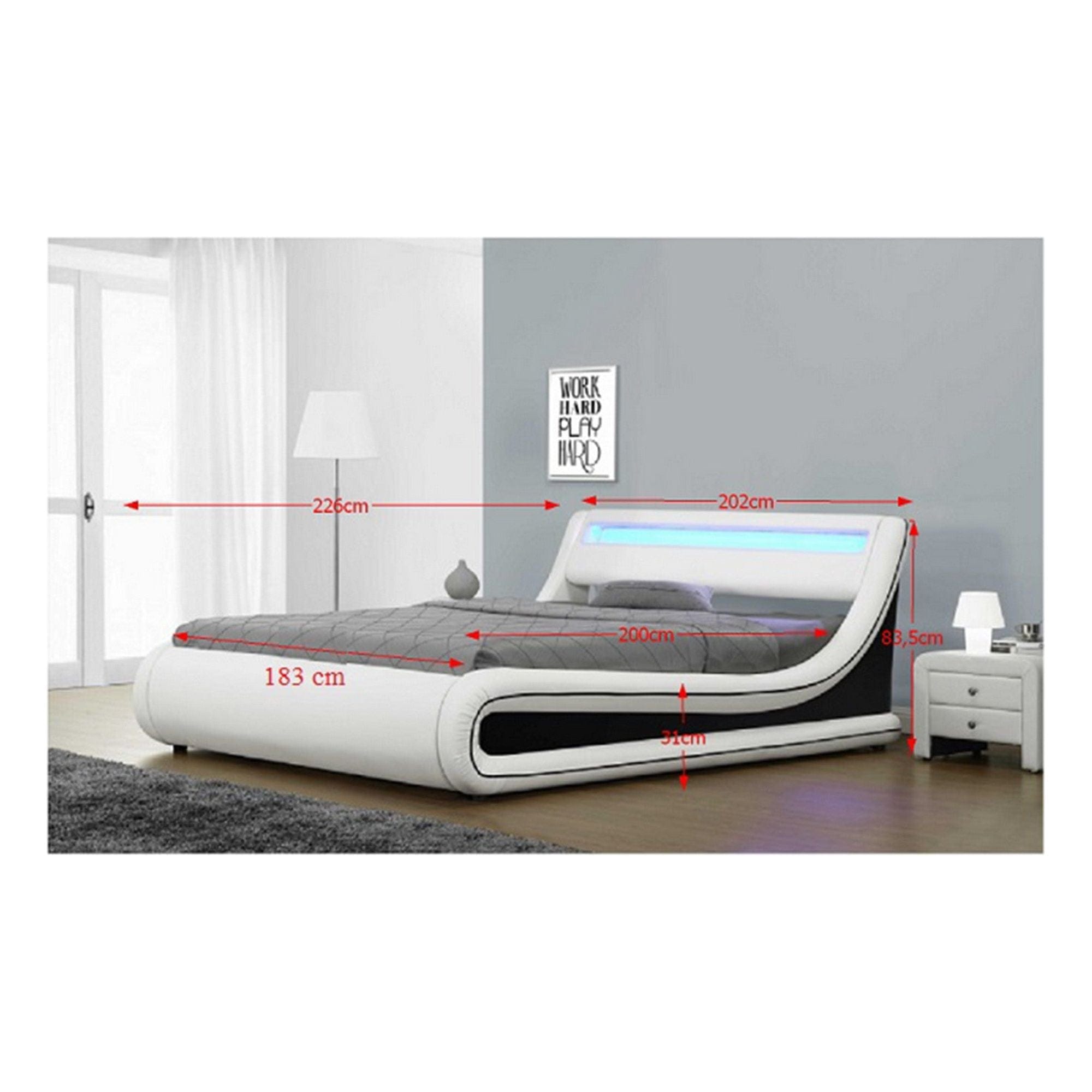 Pat MANILA NEW 160x200, alb/negru, PAL/piele ecologica, cu iluminare LED RGB, cu somiera si lada pentru depozitare