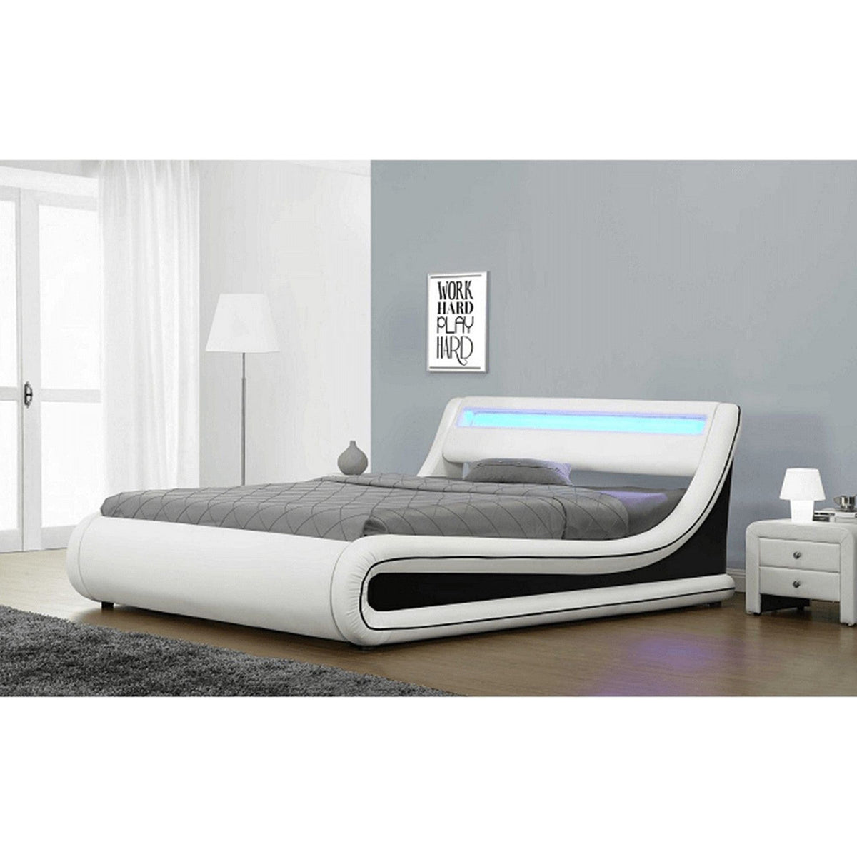 Pat MANILA NEW 180x200, alb/negru, PAL/piele ecologica, cu iluminare LED RGB, somiera si lada pentru depozitare