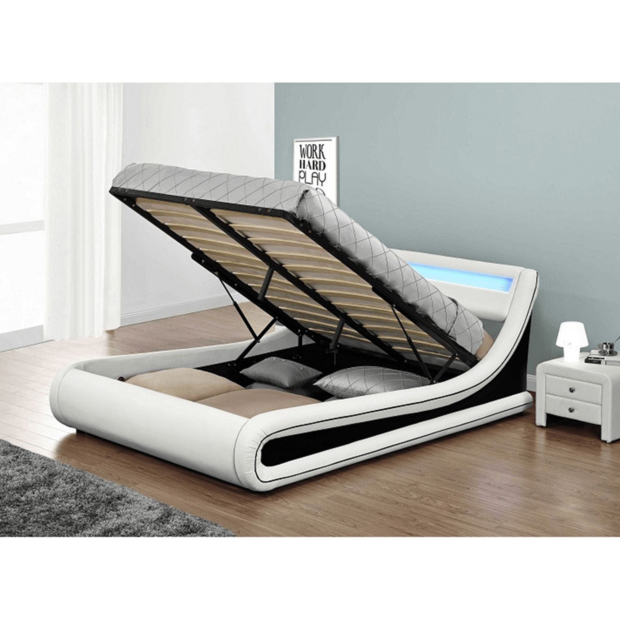 Pat MANILA NEW 180x200, alb/negru, PAL/piele ecologica, cu iluminare LED RGB, somiera si lada pentru depozitare