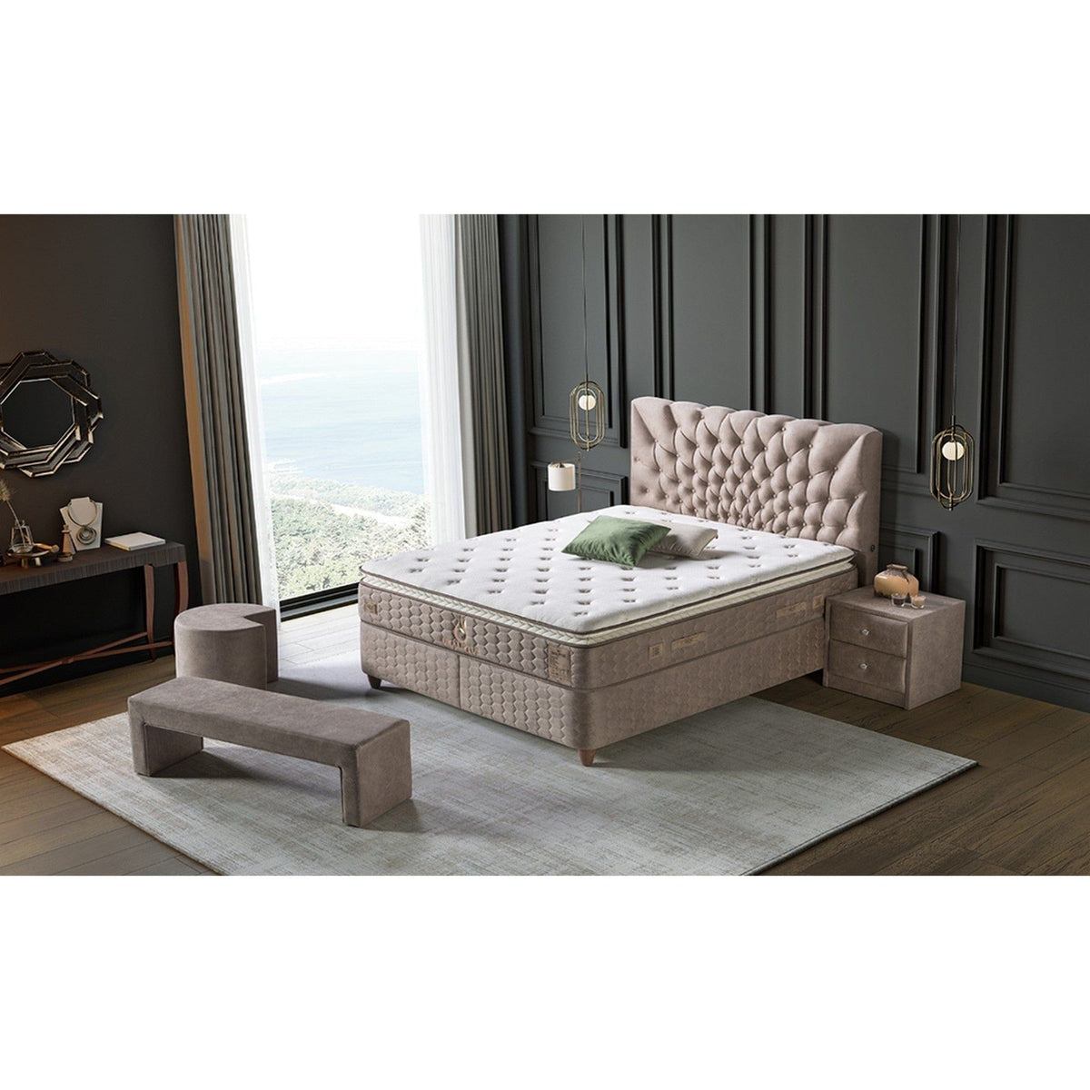 Pat OCALIPTUS 140x200, stofa bej, cu suport saltea si lada depozitare