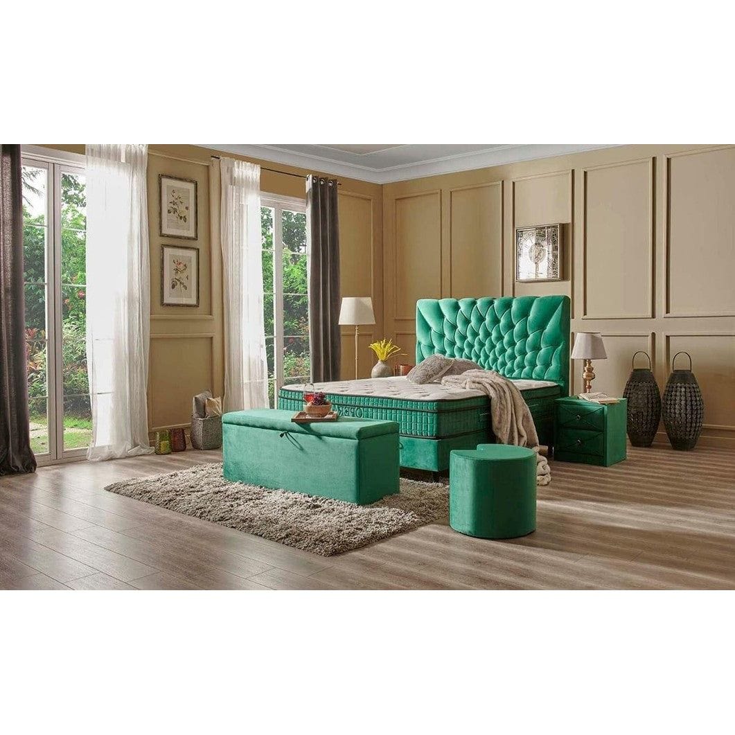 Pat Opera 180x200, stofa catifelata verde smarald, cu suport saltea si spatiu depozitare