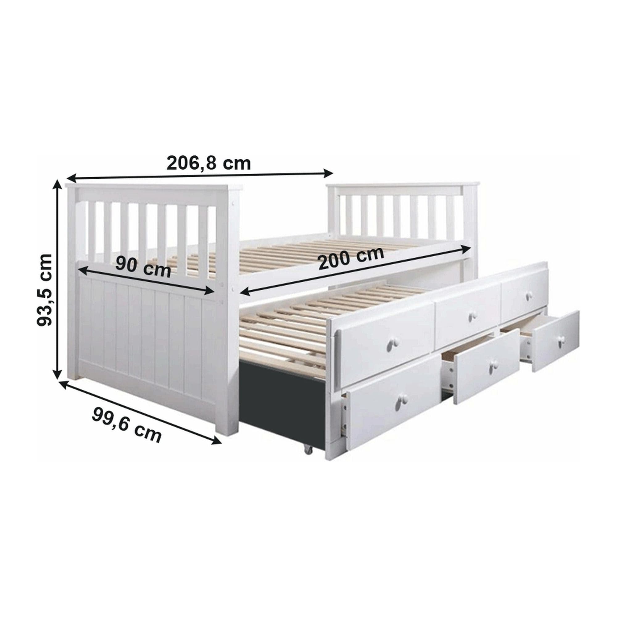 Pat pentru copii AUSTIN NEW 90x200, alb, cu somiera si 3 sertare