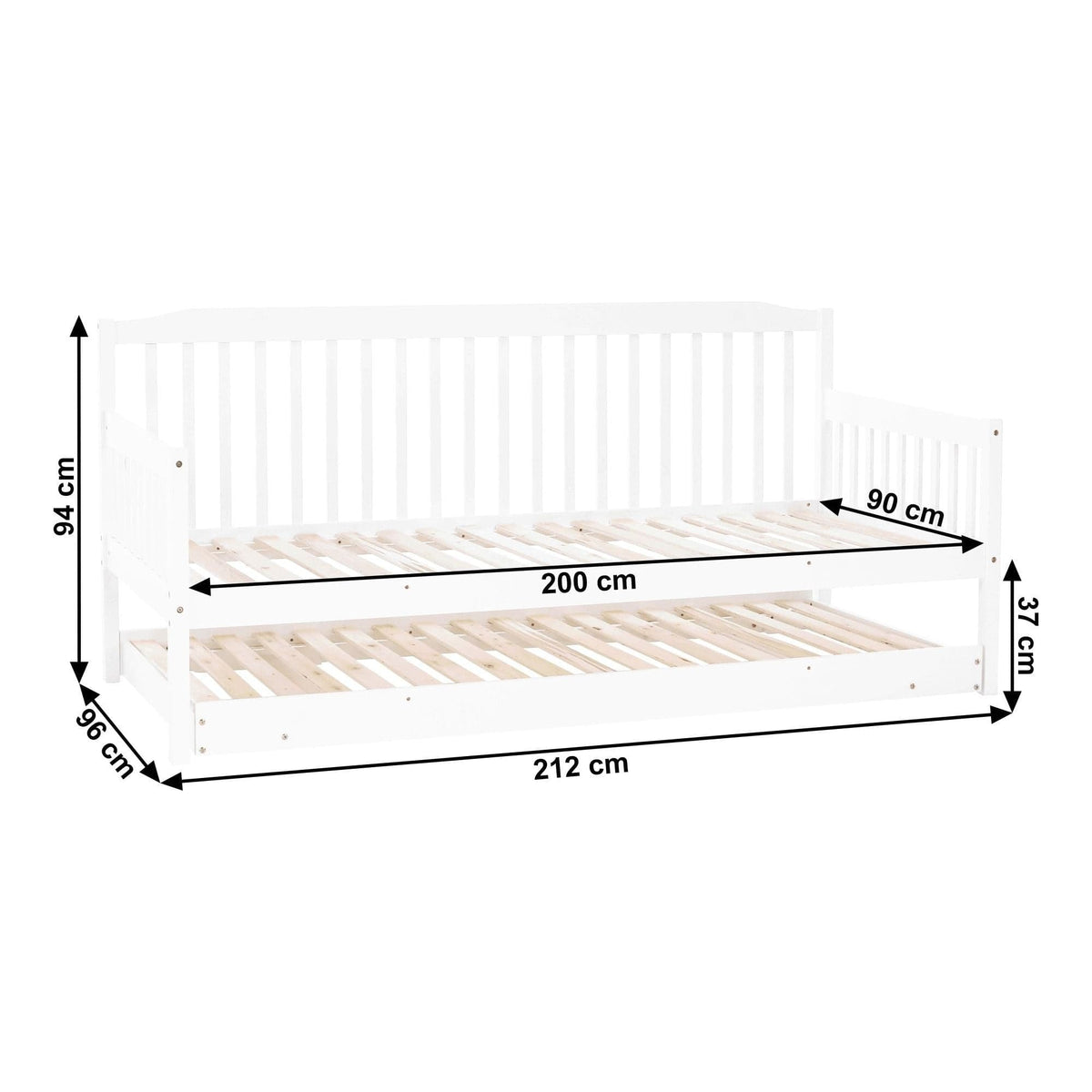 Pat pentru copii PEDREZA 90x200/180x200, alb, lemn, cu pat extensibil suplimentar si somiera